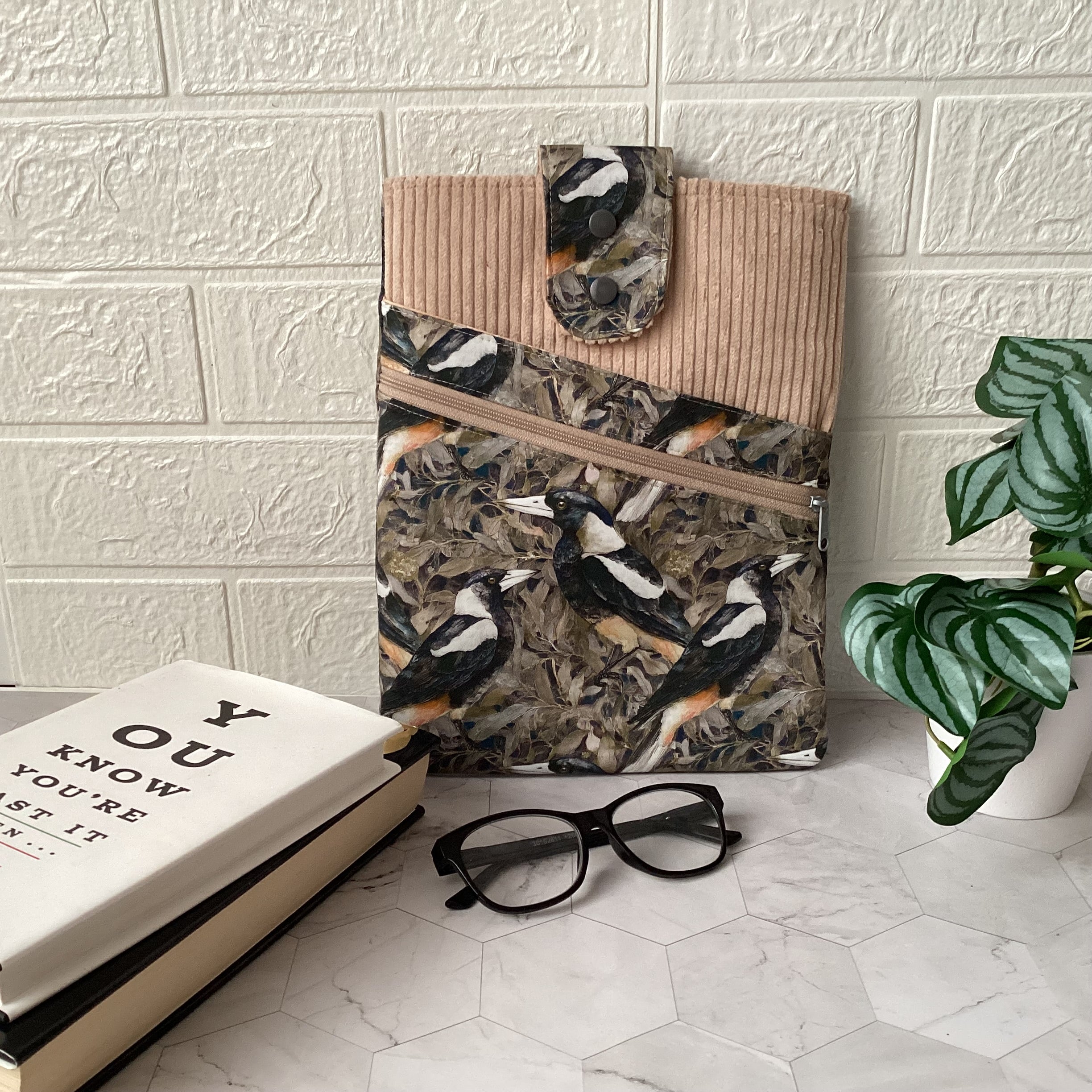 Australian magpies book sleeve with 2 pockets. iPad, tablet pouch