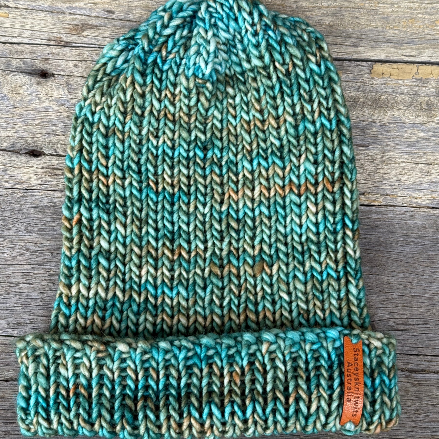 Unisex merino beanie, Green flecked hand knitted beanie