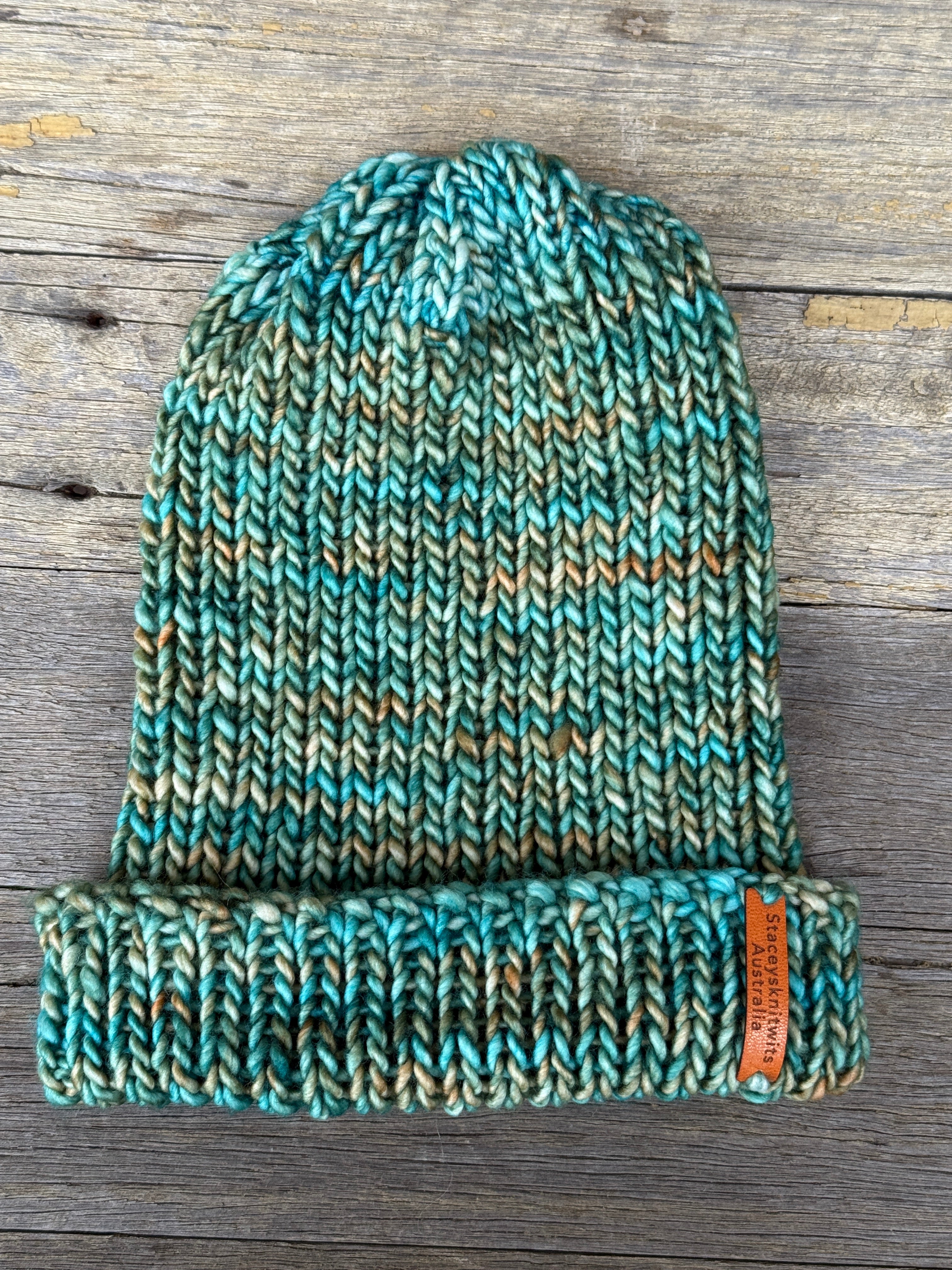 Unisex merino beanie, Green flecked hand knitted beanie