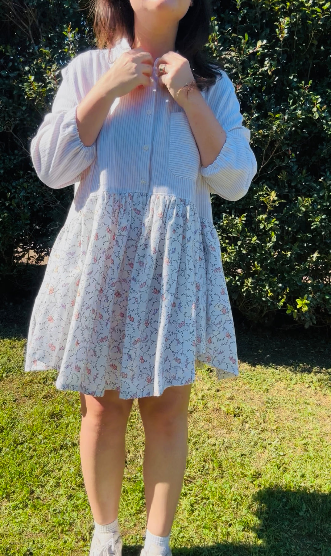 Upcycled Shirt Dress | White Stripe & Floral