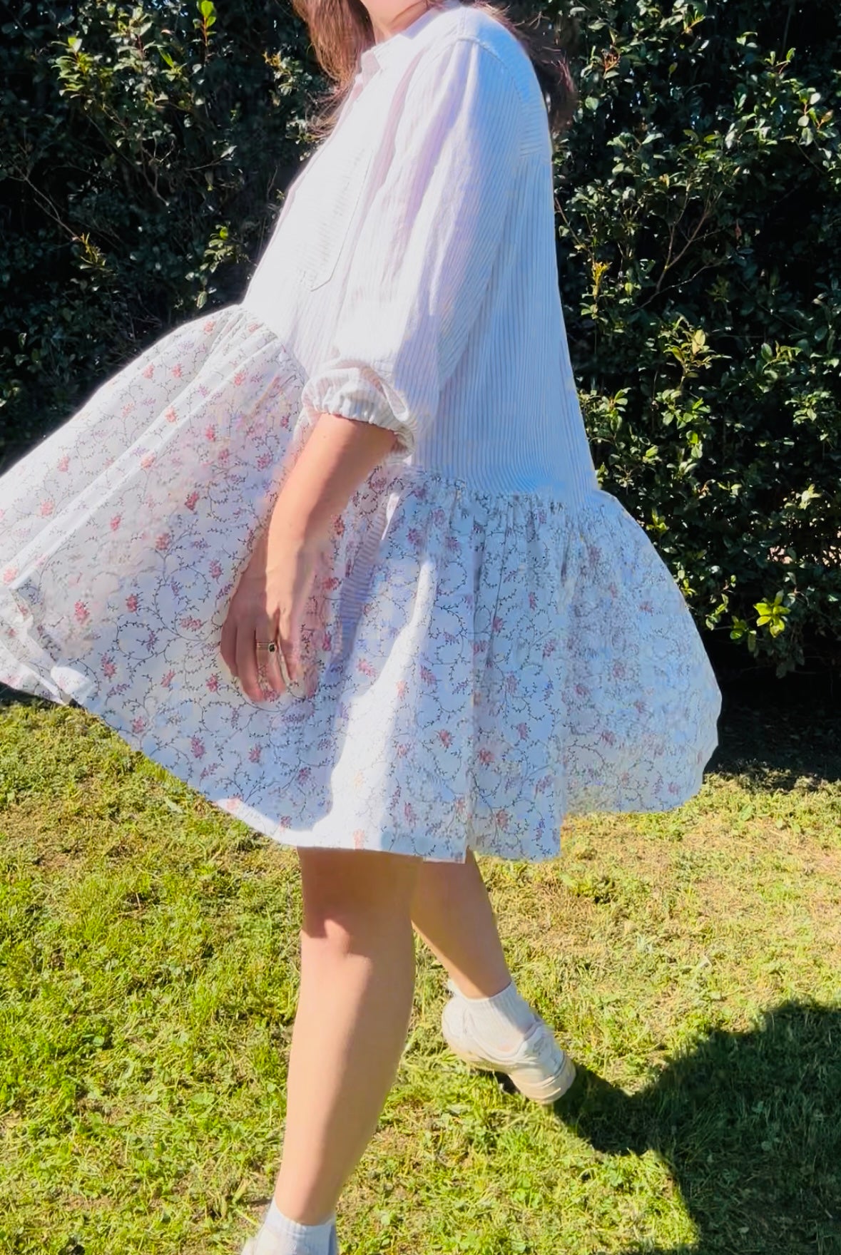 Upcycled Shirt Dress | White Stripe & Floral