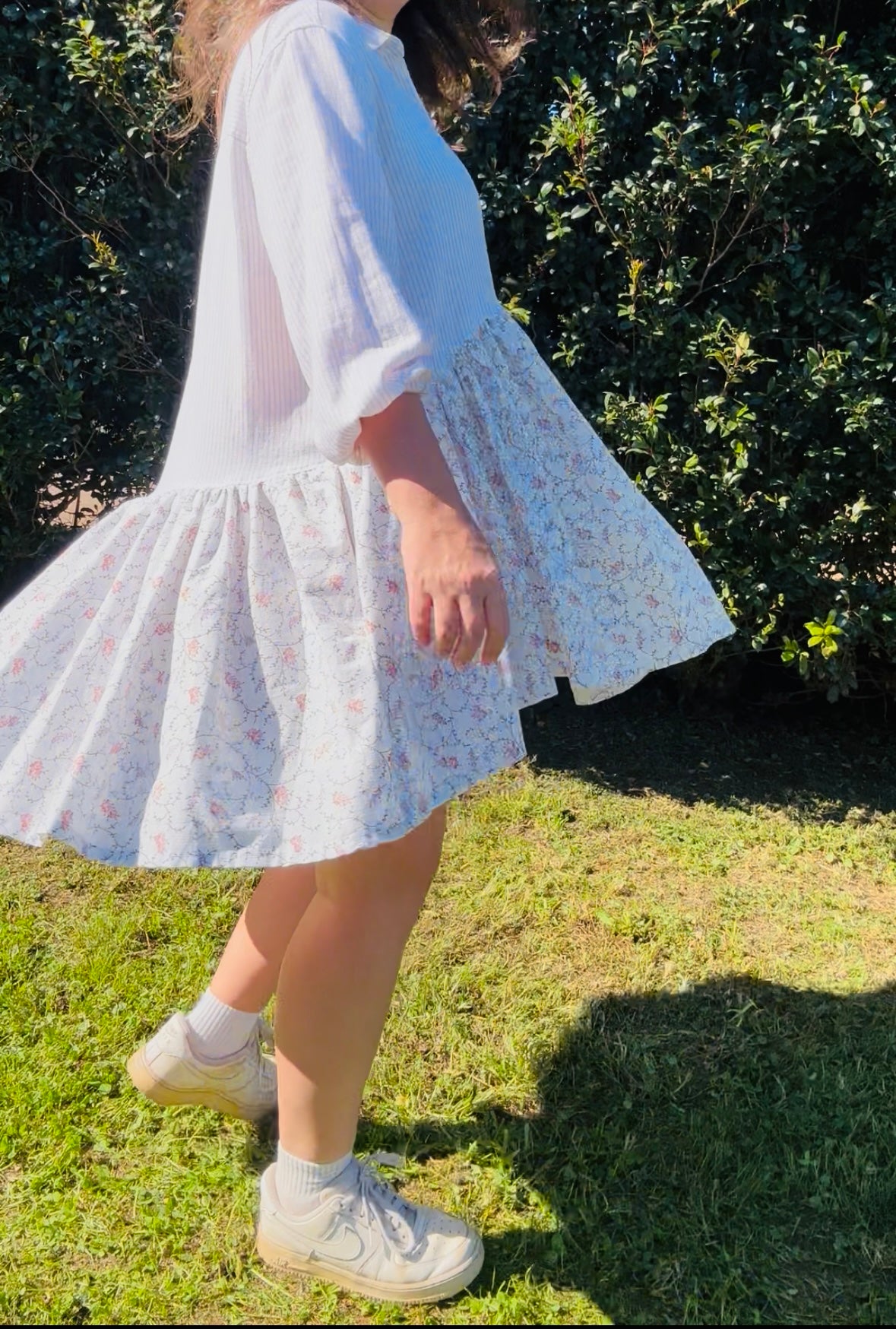 Upcycled Shirt Dress | White Stripe & Floral