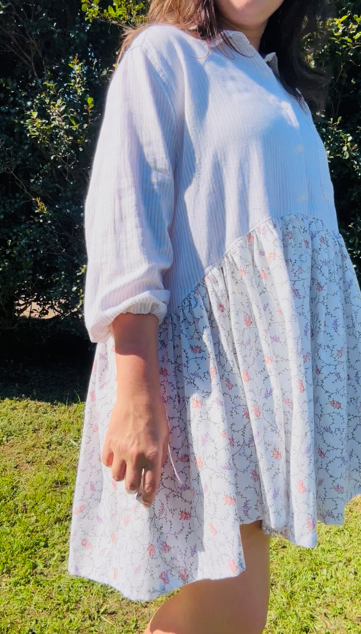 Upcycled Shirt Dress | White Stripe & Floral