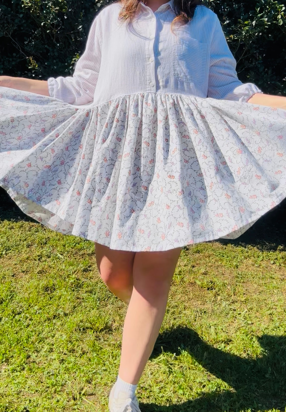 Upcycled Shirt Dress | White Stripe & Floral