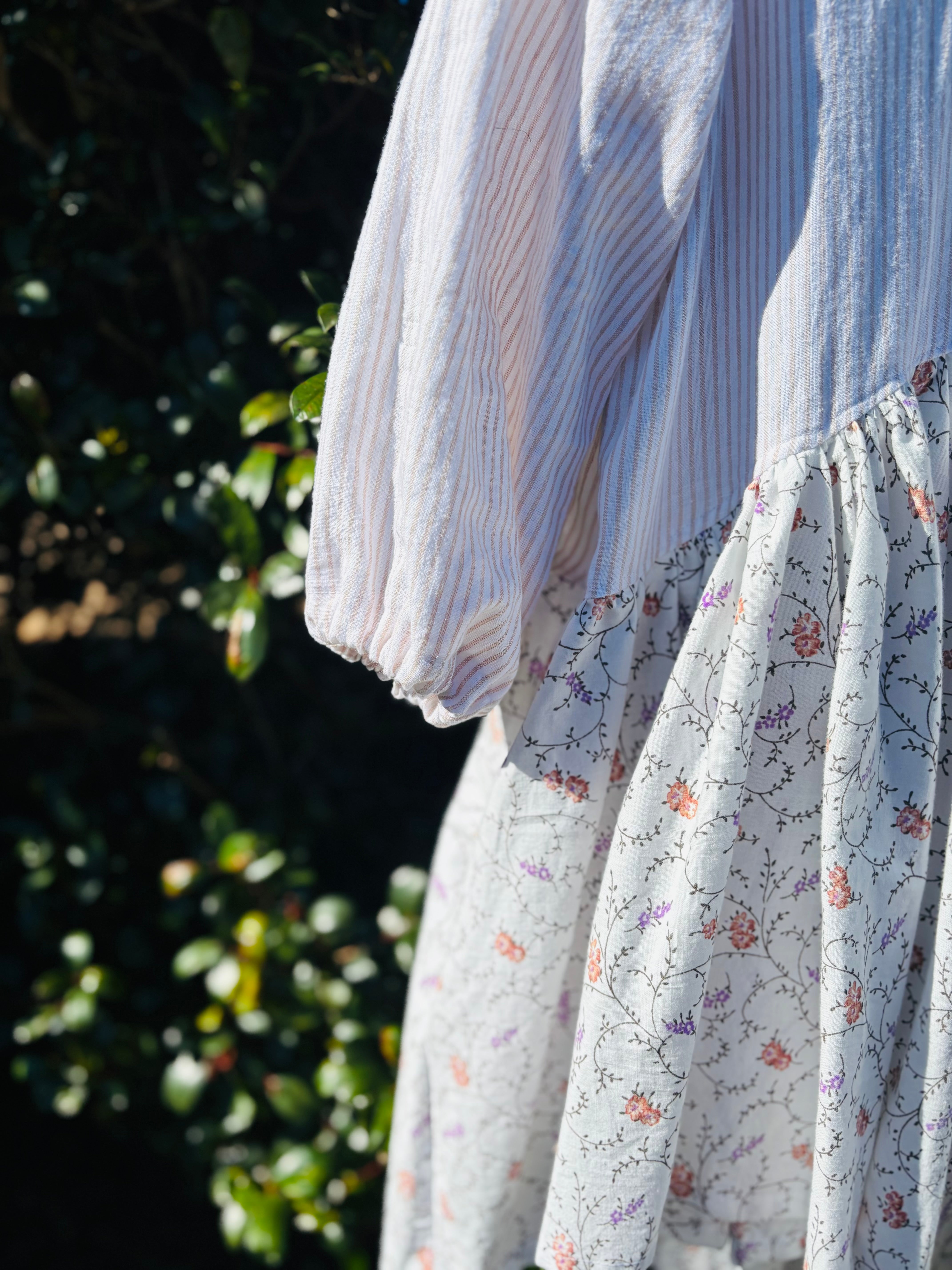 Upcycled Shirt Dress | White Stripe & Floral