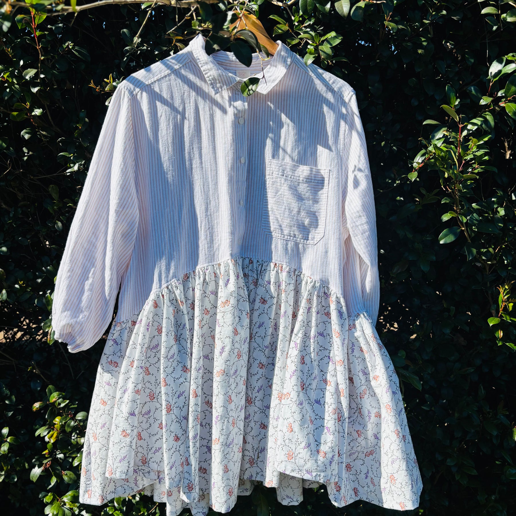 Upcycled Shirt Dress | White Stripe & Floral