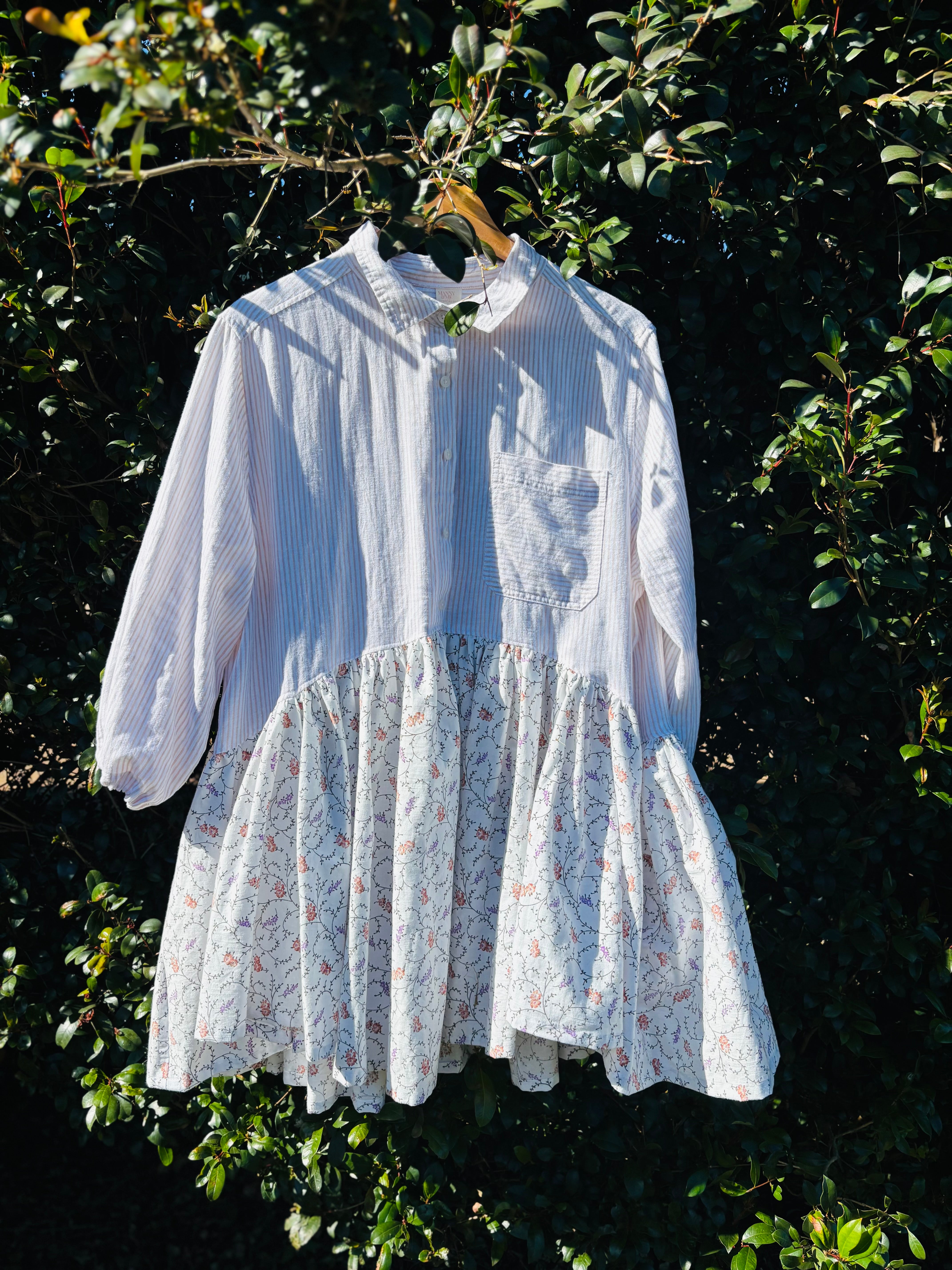 Upcycled Shirt Dress | White Stripe & Floral