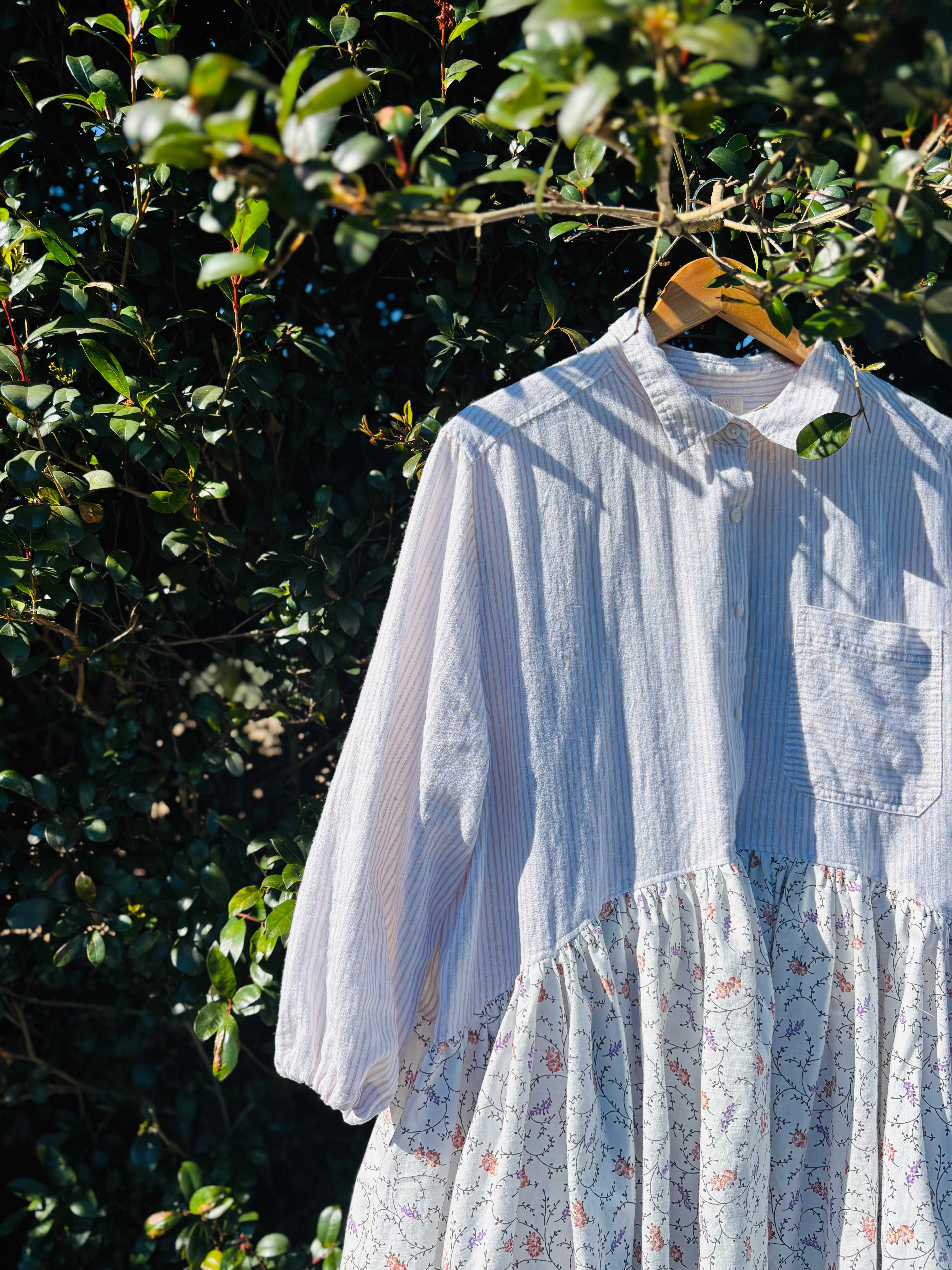 Upcycled Shirt Dress | White Stripe & Floral