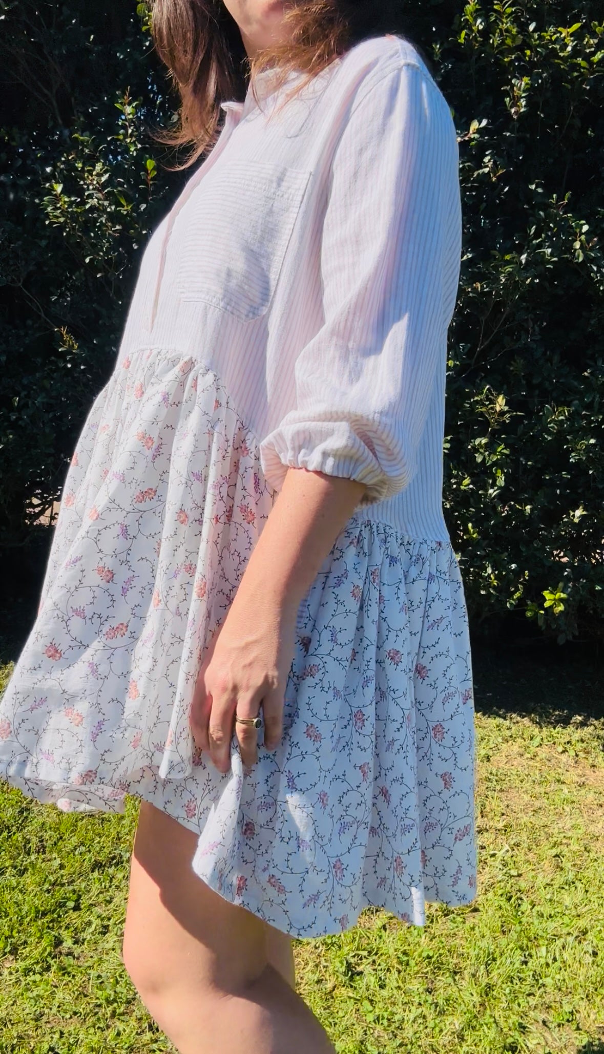 Upcycled Shirt Dress | White Stripe & Floral