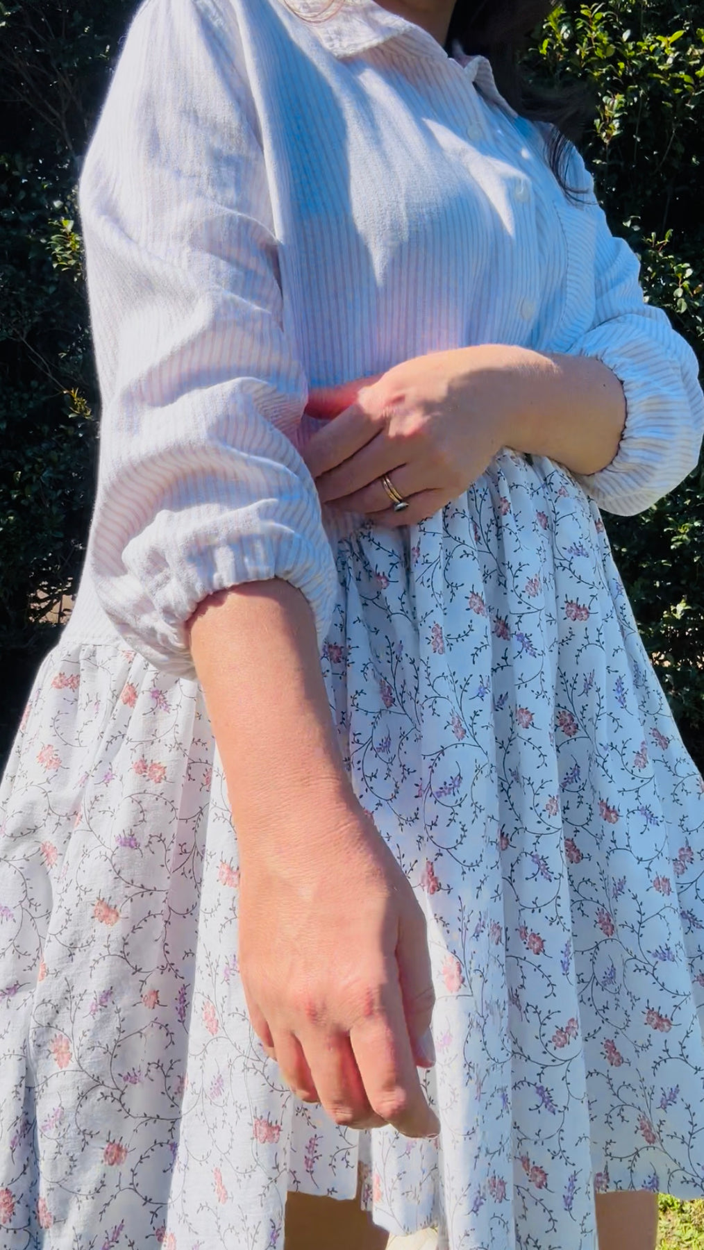 Upcycled Shirt Dress | White Stripe & Floral