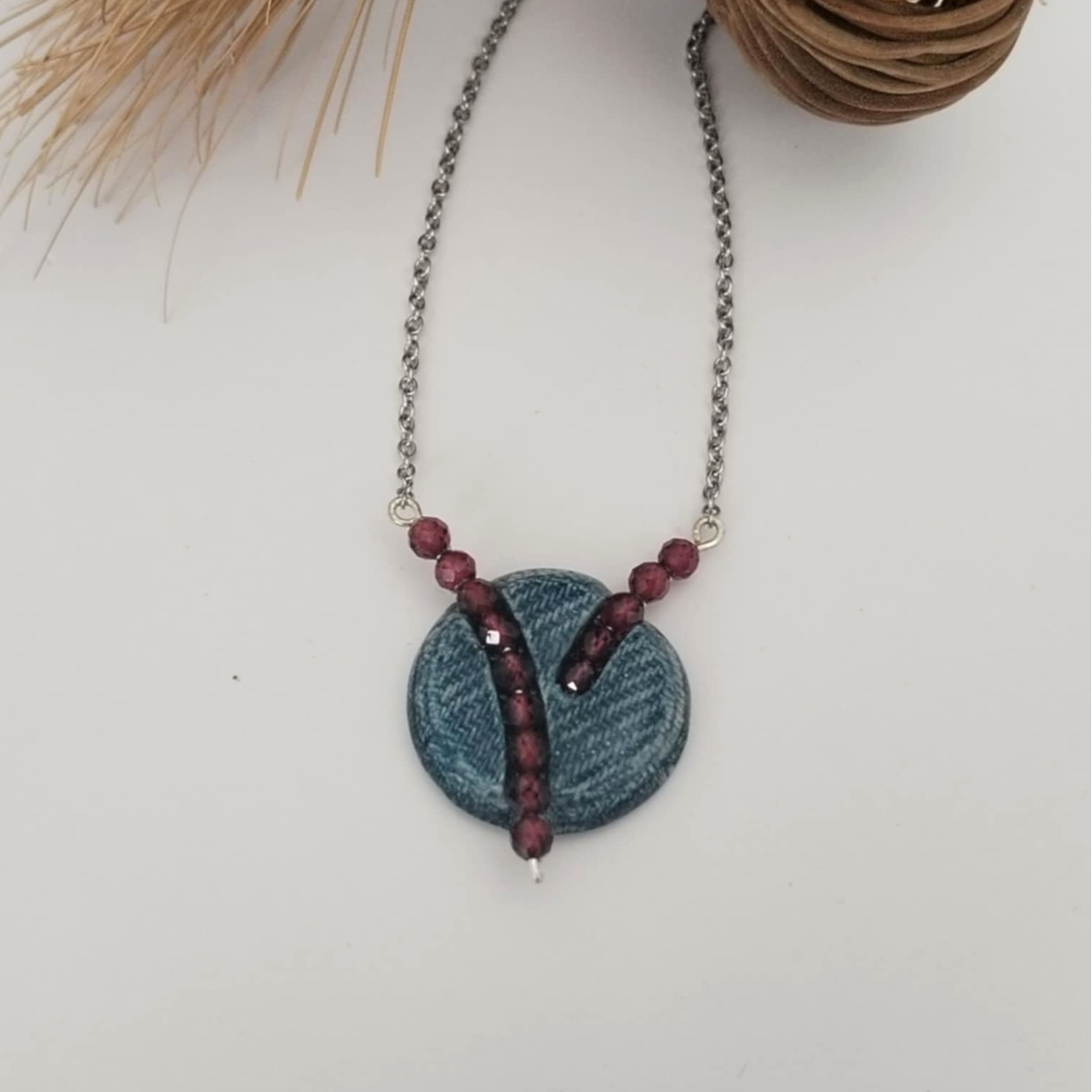 Denim and Red Garnet Stone Beads Necklace