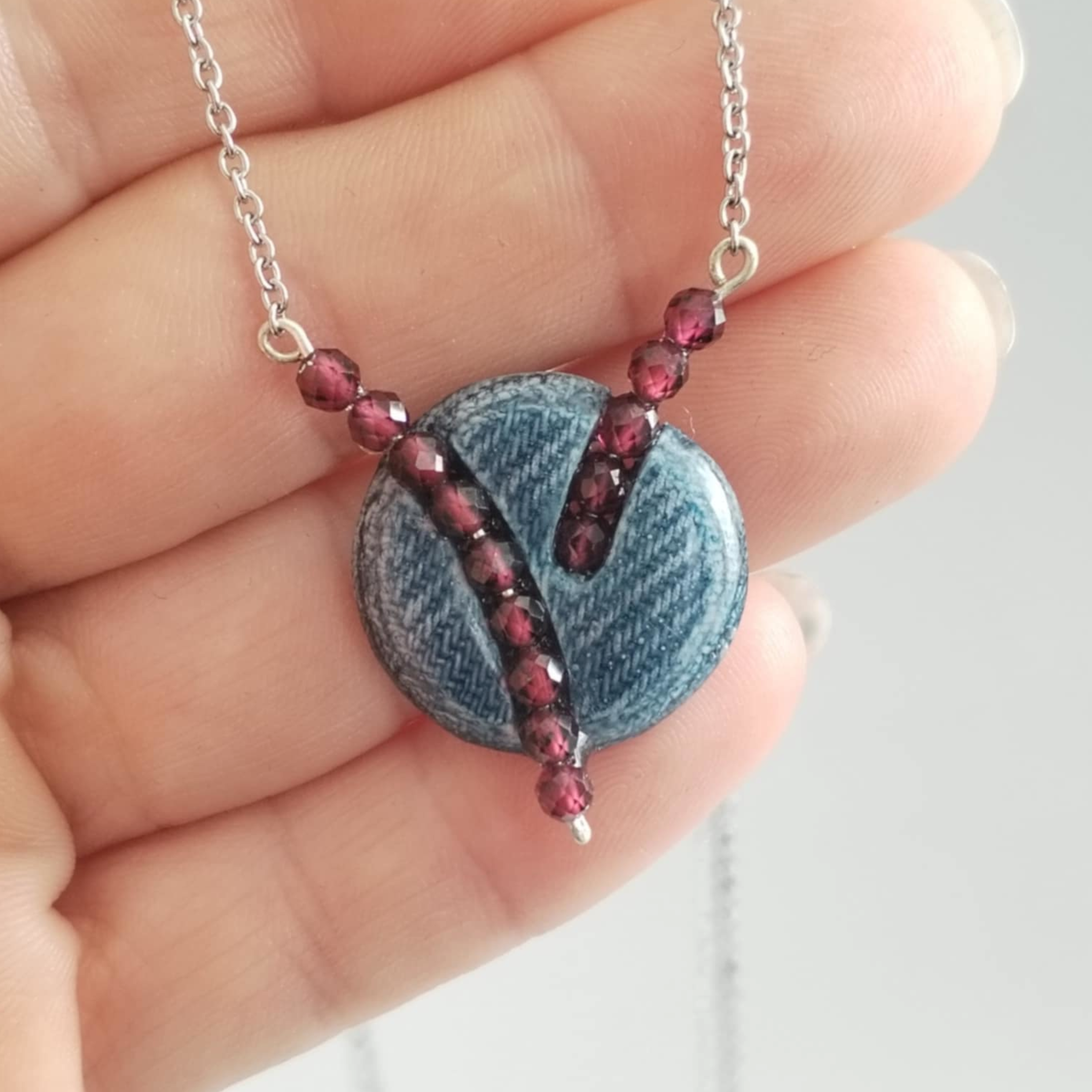 Denim and Red Garnet Stone Beads Necklace