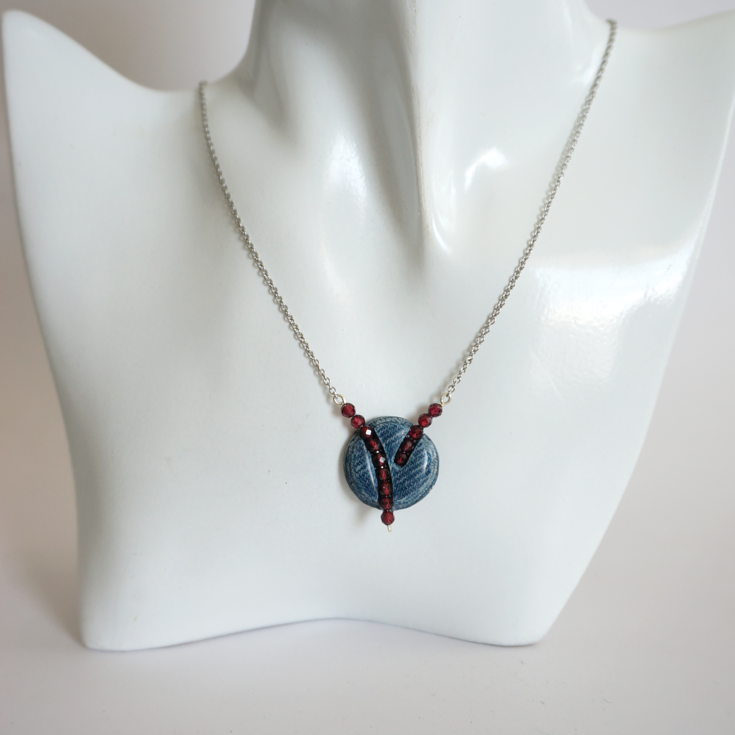 Denim and Red Garnet Stone Beads Necklace
