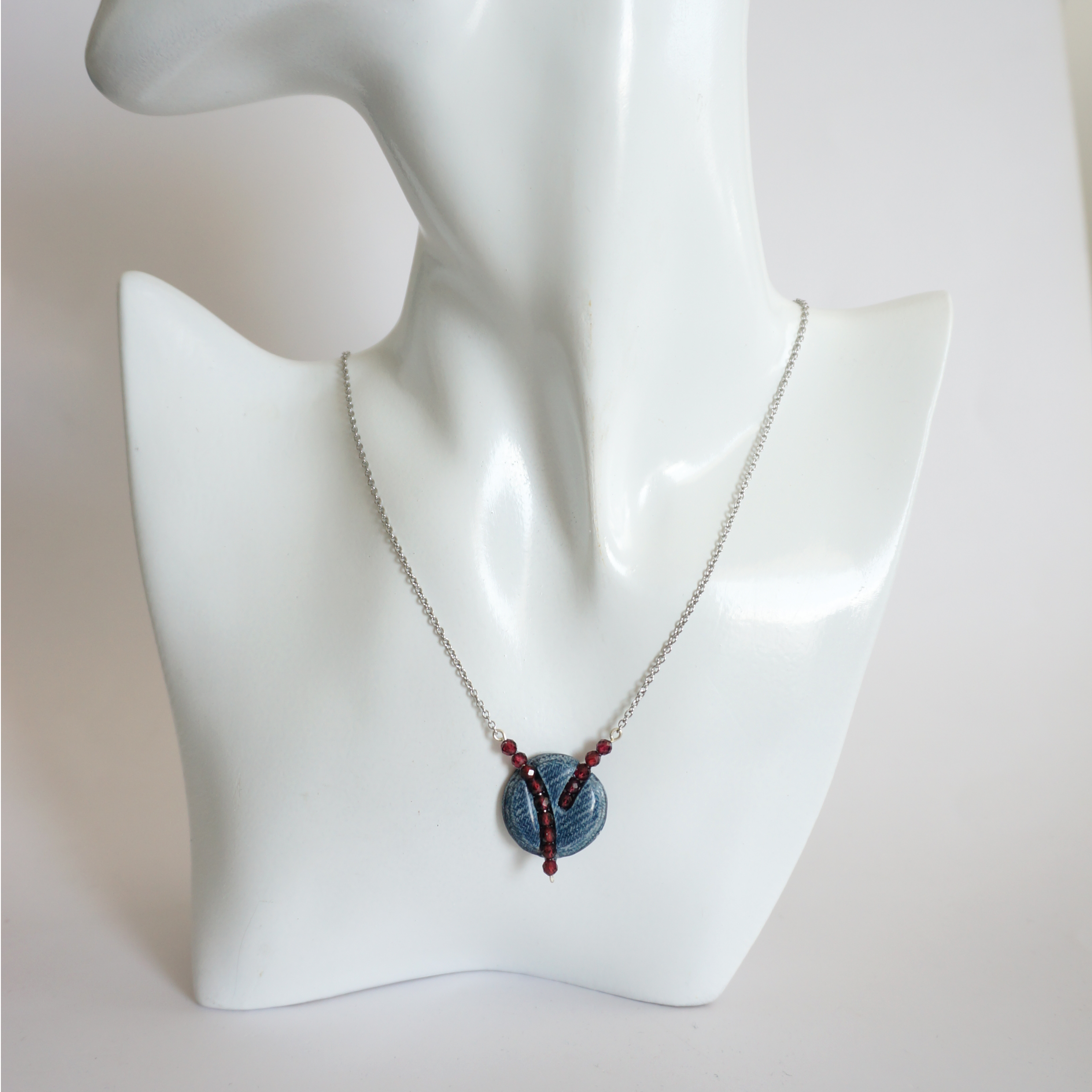 Denim and Red Garnet Stone Beads Necklace