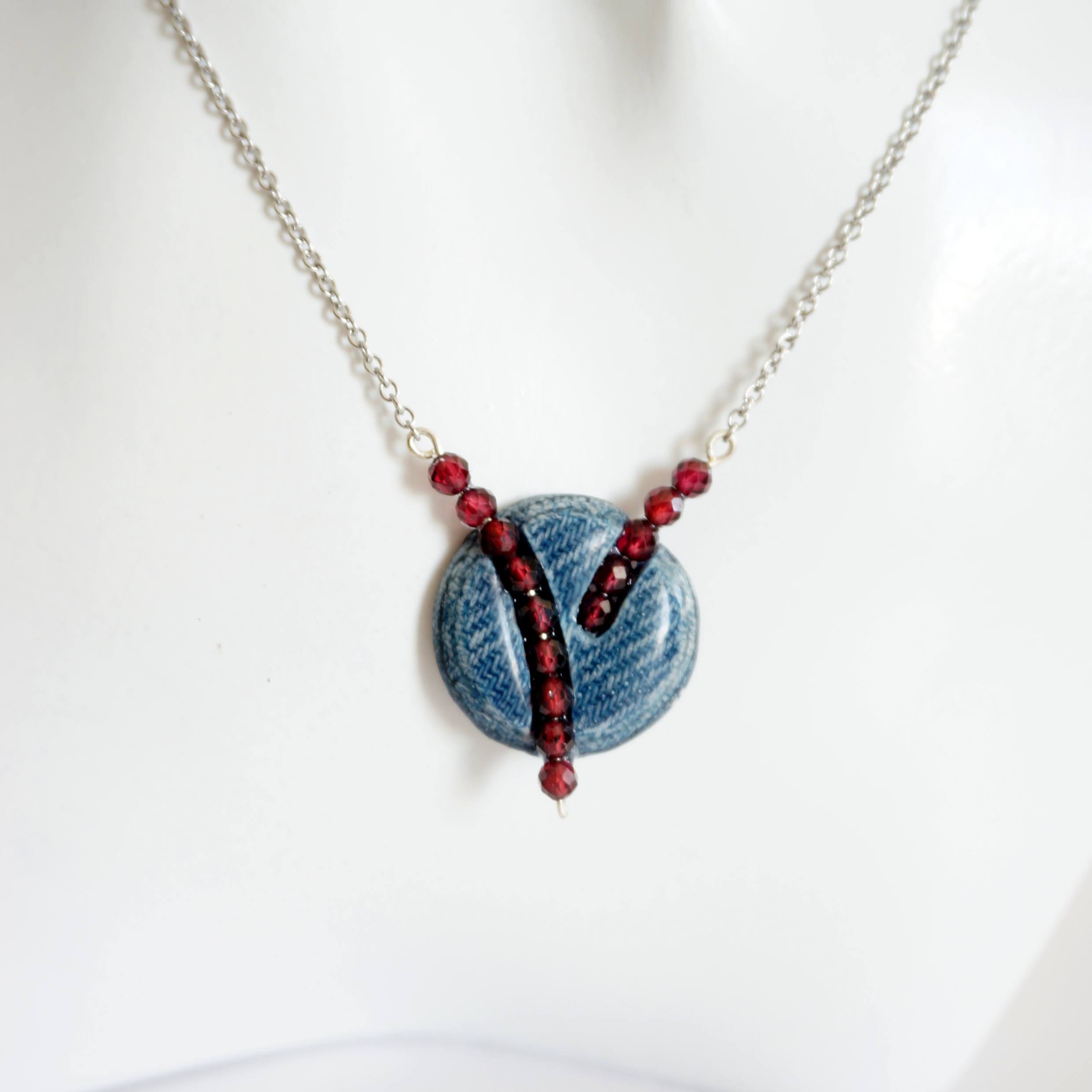 Denim and Red Garnet Stone Beads Necklace