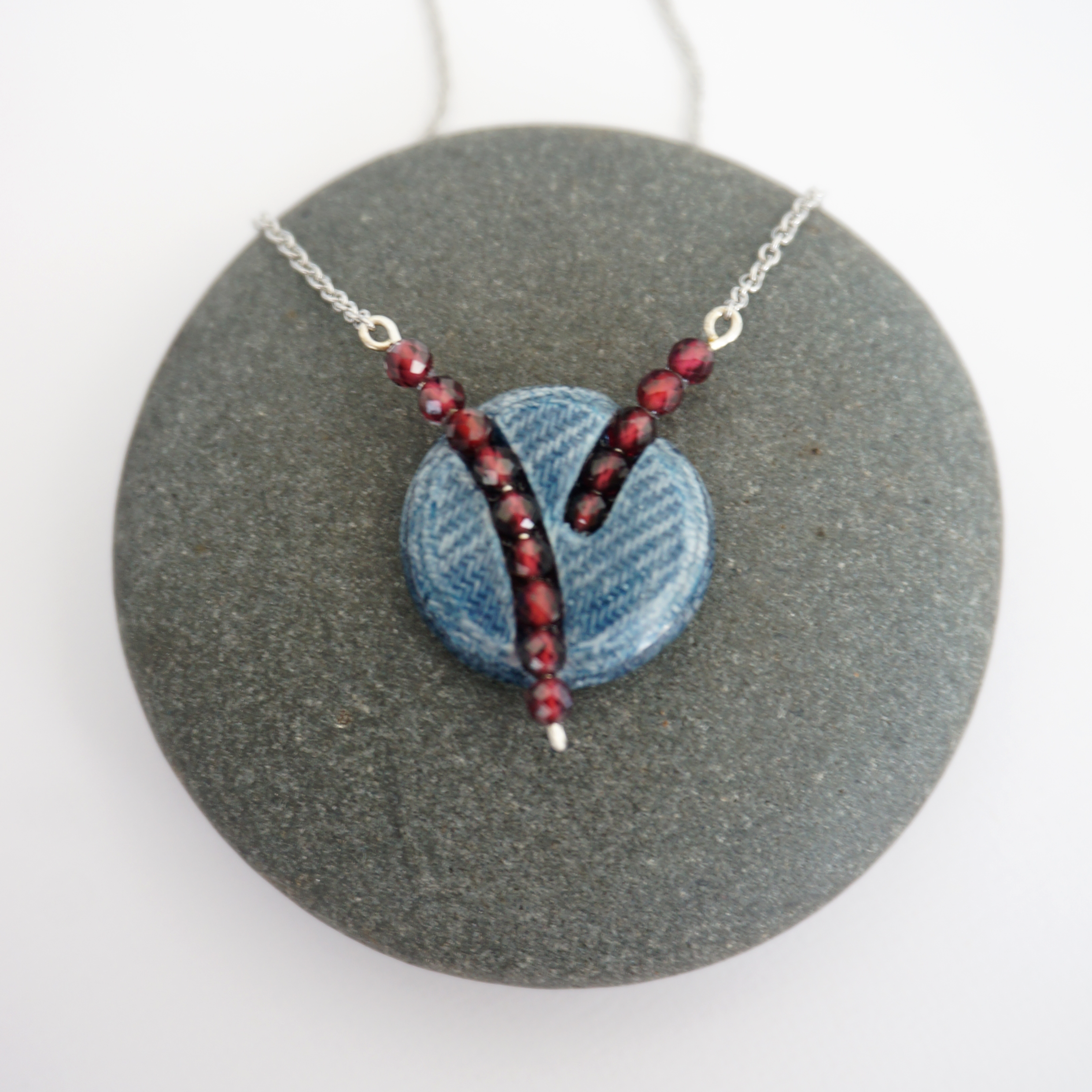 Denim and Red Garnet Stone Beads Necklace