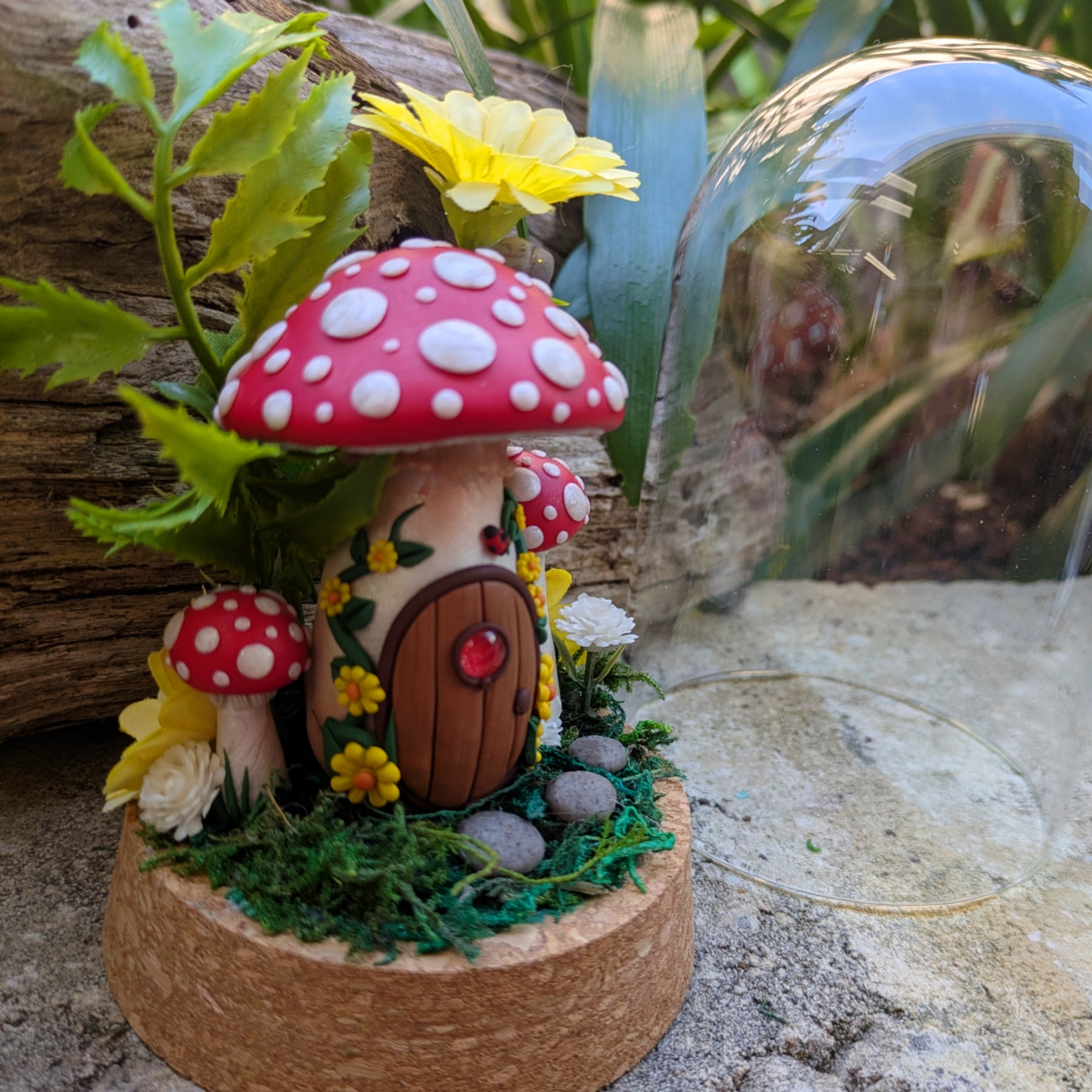 Enchanted Red Fairy Mushroom House in glass dome