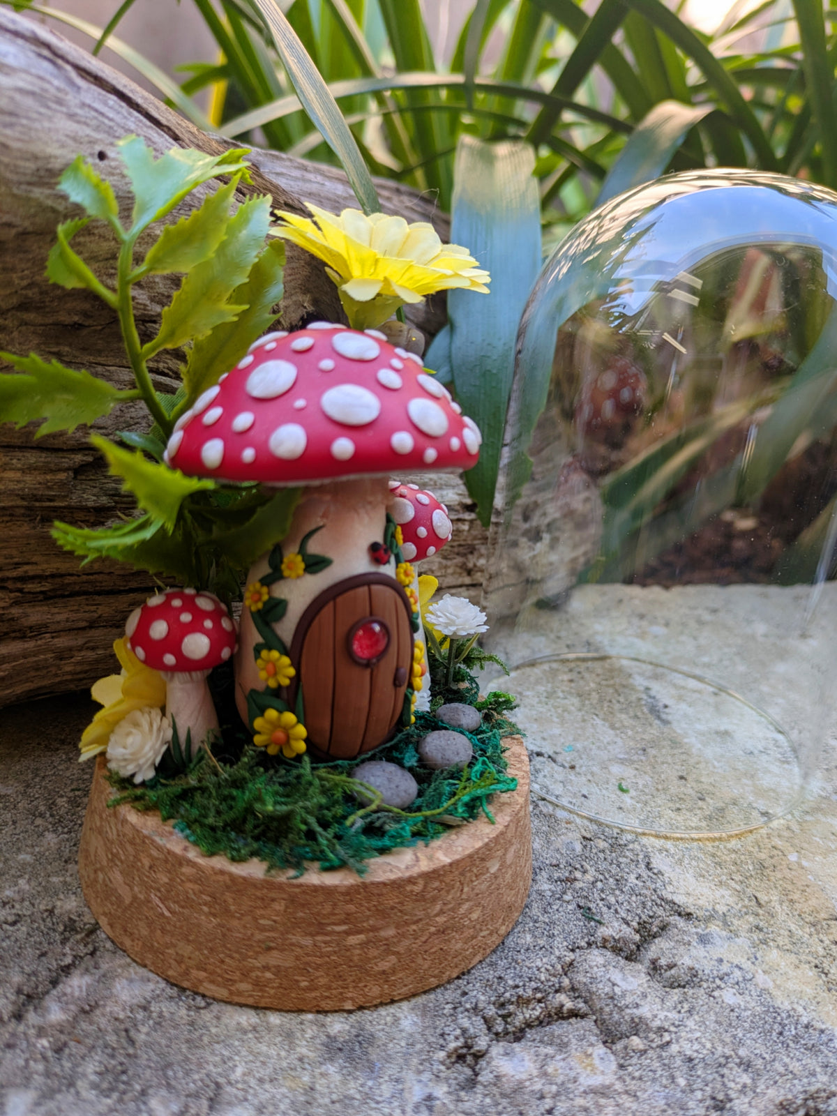 Enchanted Red Fairy Mushroom House in glass dome