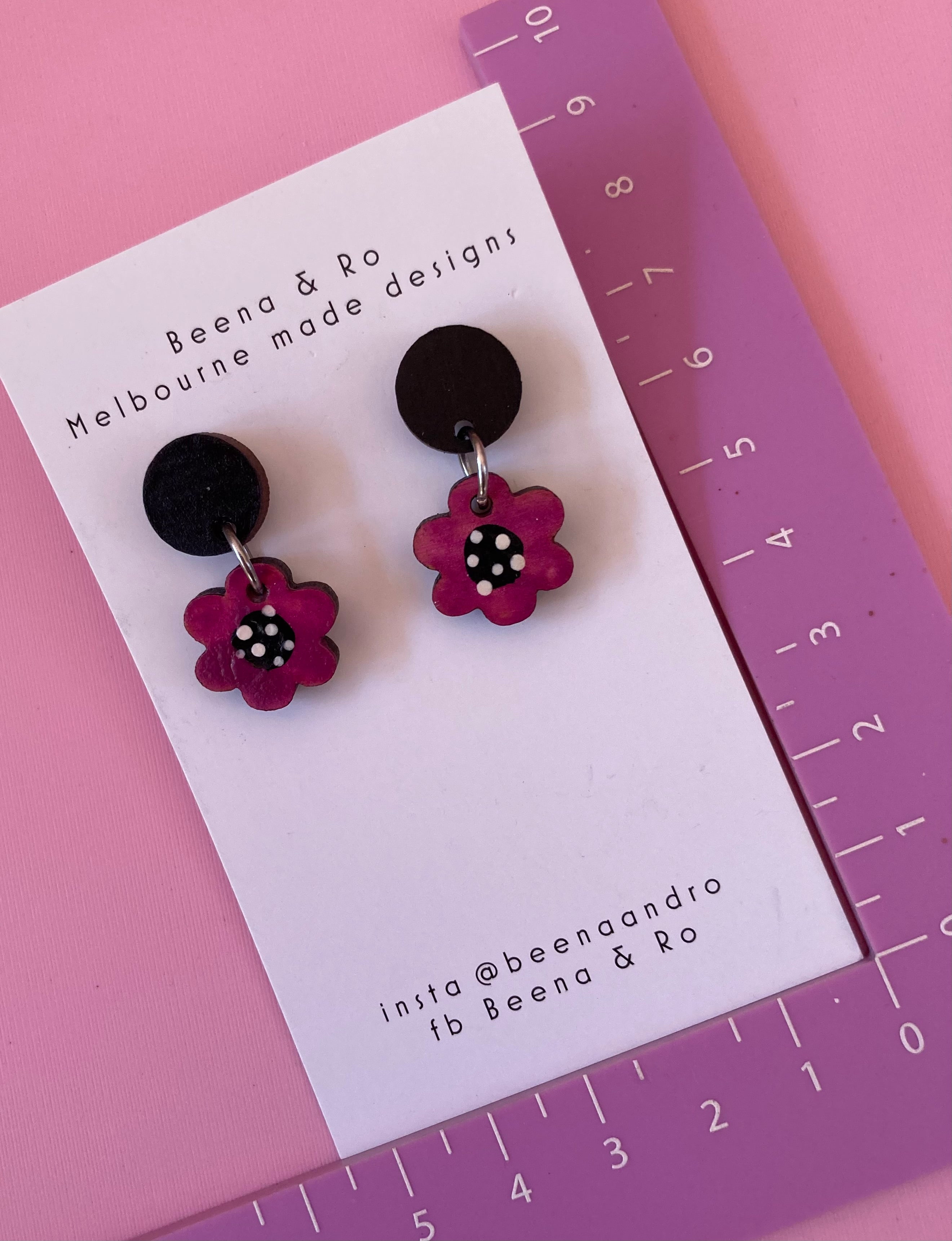 Pink/burgundy mix hand painted flower earrings