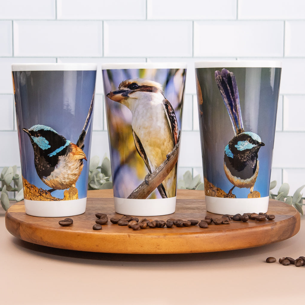 Bush Birds - Latte / Coffee Mugs- Laughing Kookaburra, Superb Fairy-wren