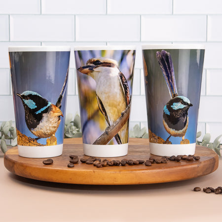 Bush Birds - Latte / Coffee Mugs- Laughing Kookaburra, Superb Fairy-wren