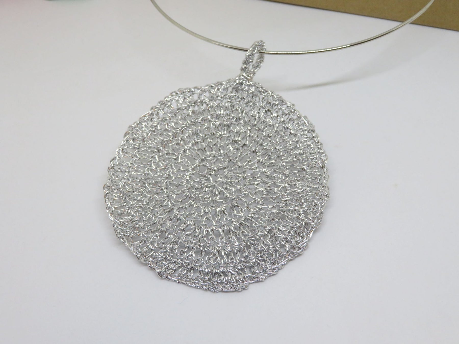 Bespoke Handmade Silver Shimmer Crochet Pendant Round Choker Necklace