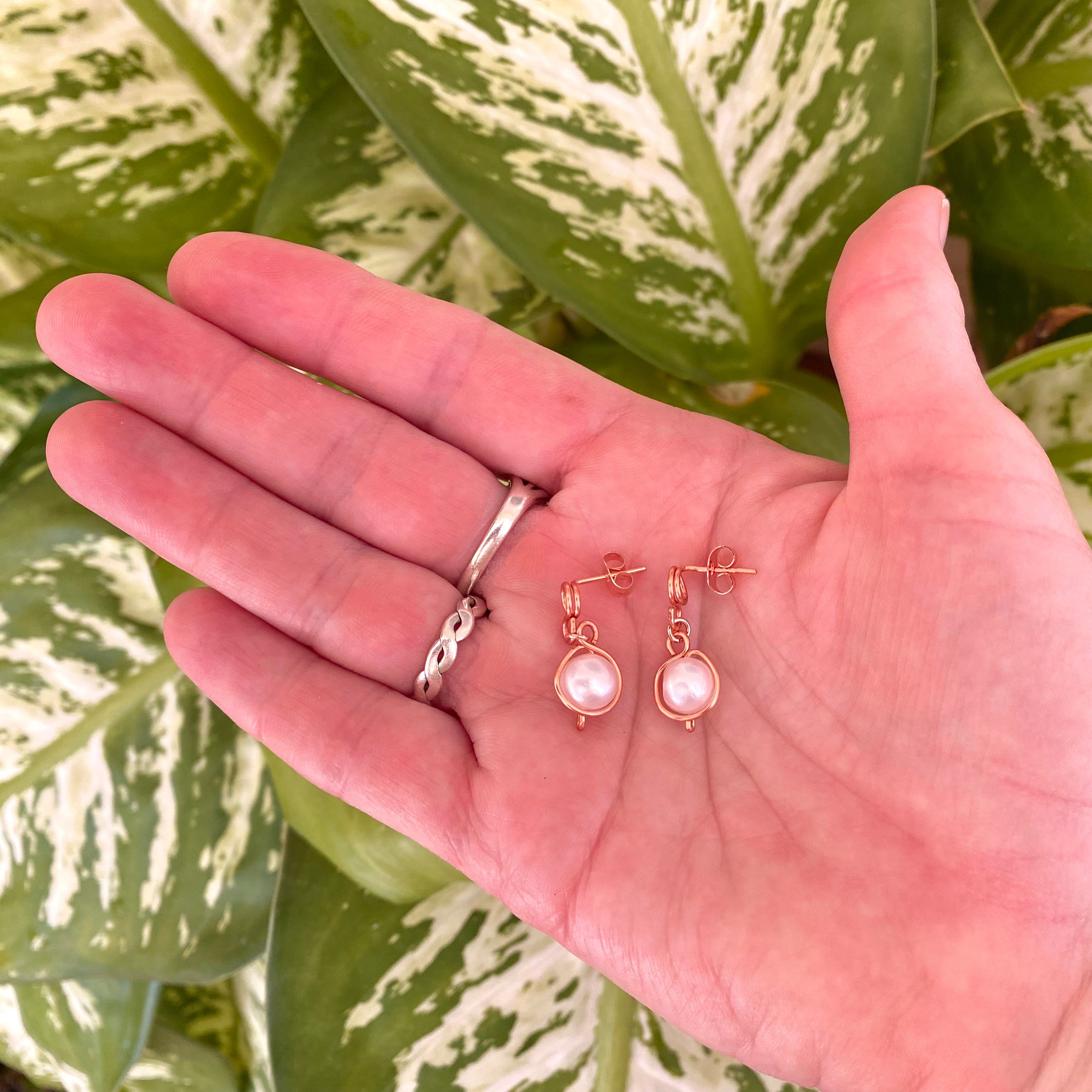 Baroque Pearl Bright Copper Loop Stud Earrings | Rose Gold Coloured