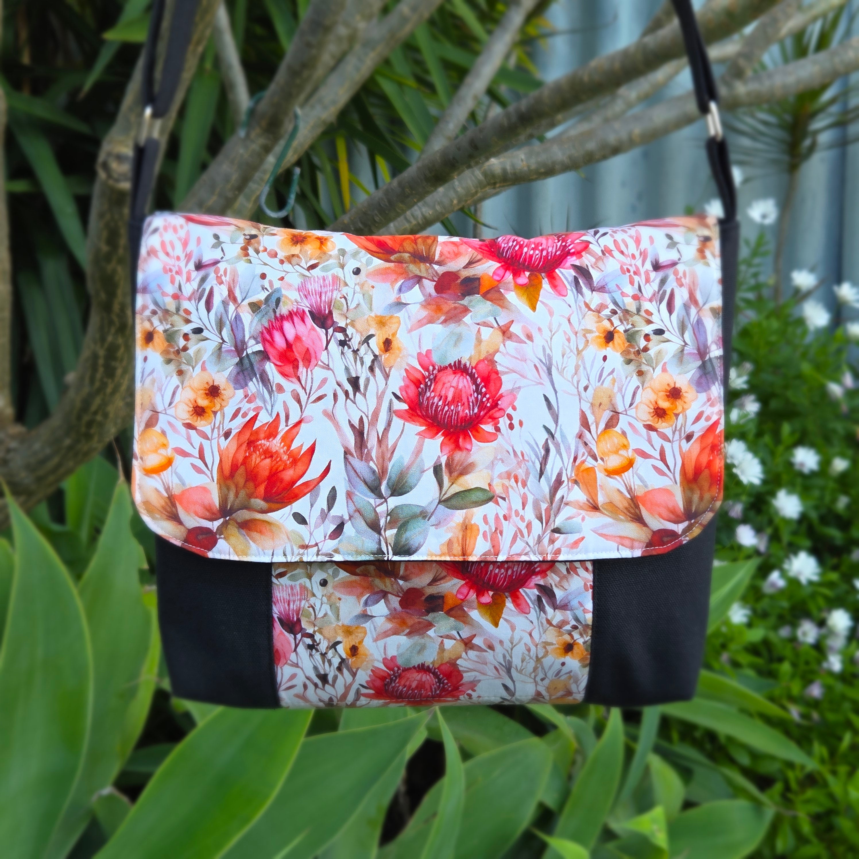 Spacious Cross Body Bag with two pockets in beautiful wildflower fabric