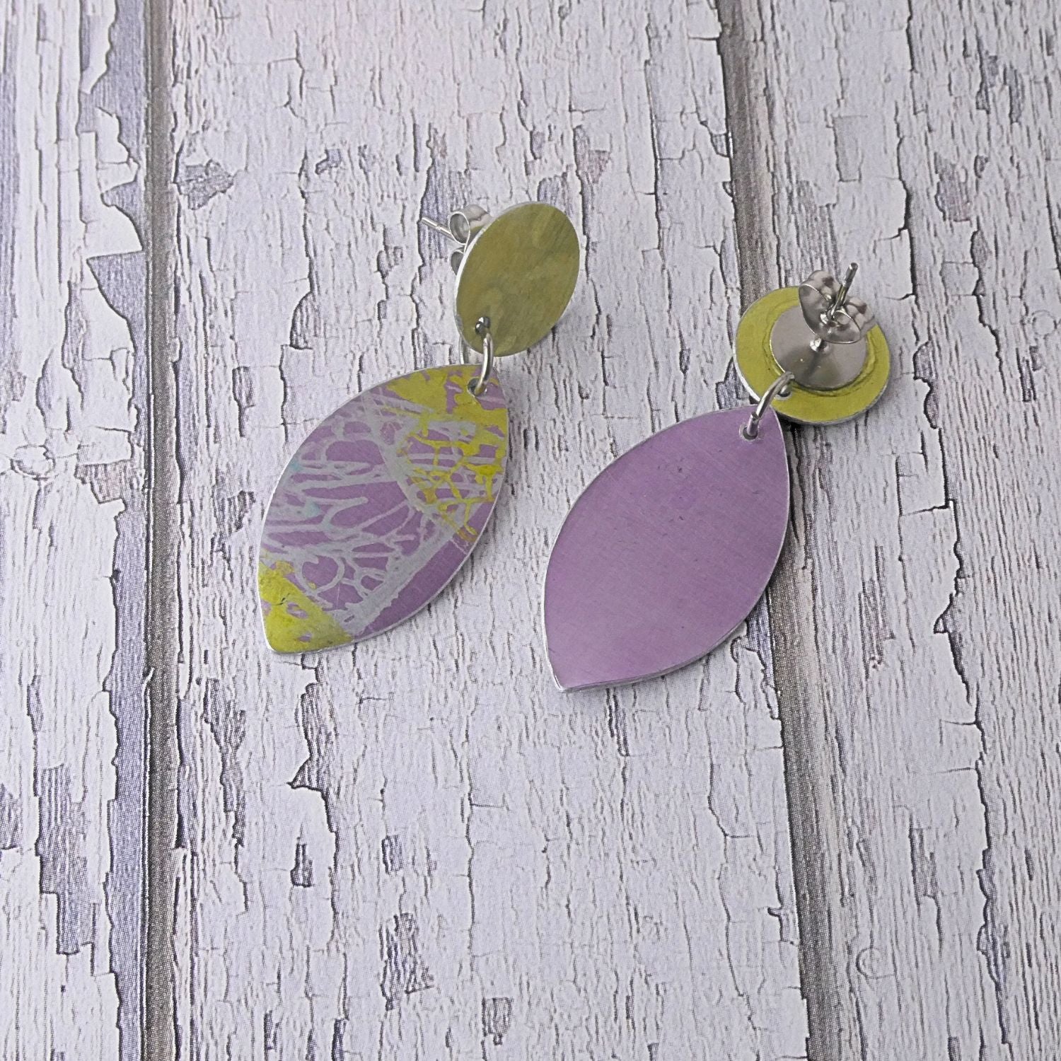 Anodised aluminium earrings hand printed Lemon Lace Collection