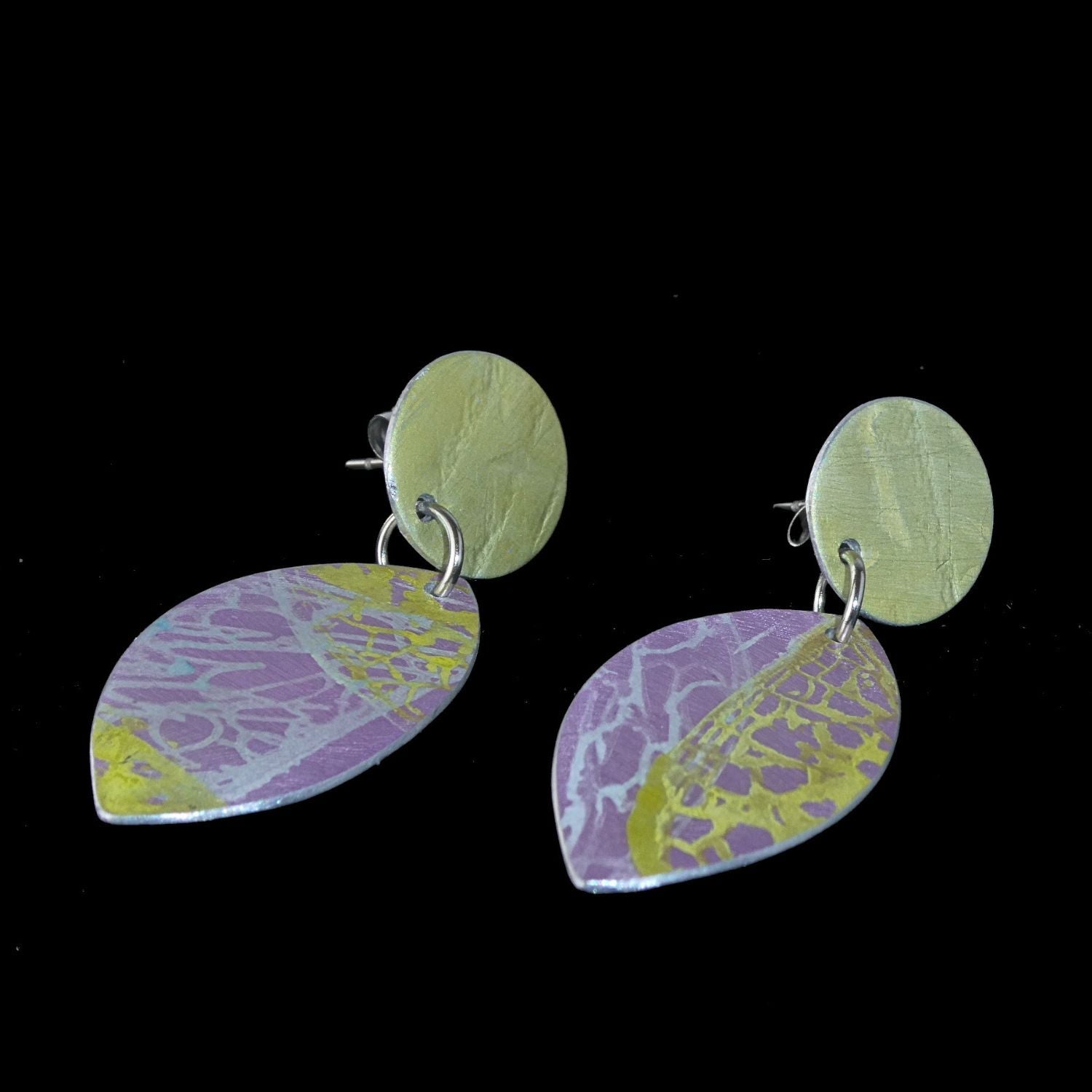 Hand printed anodised aluminium earrings - Lemon Lace Collection