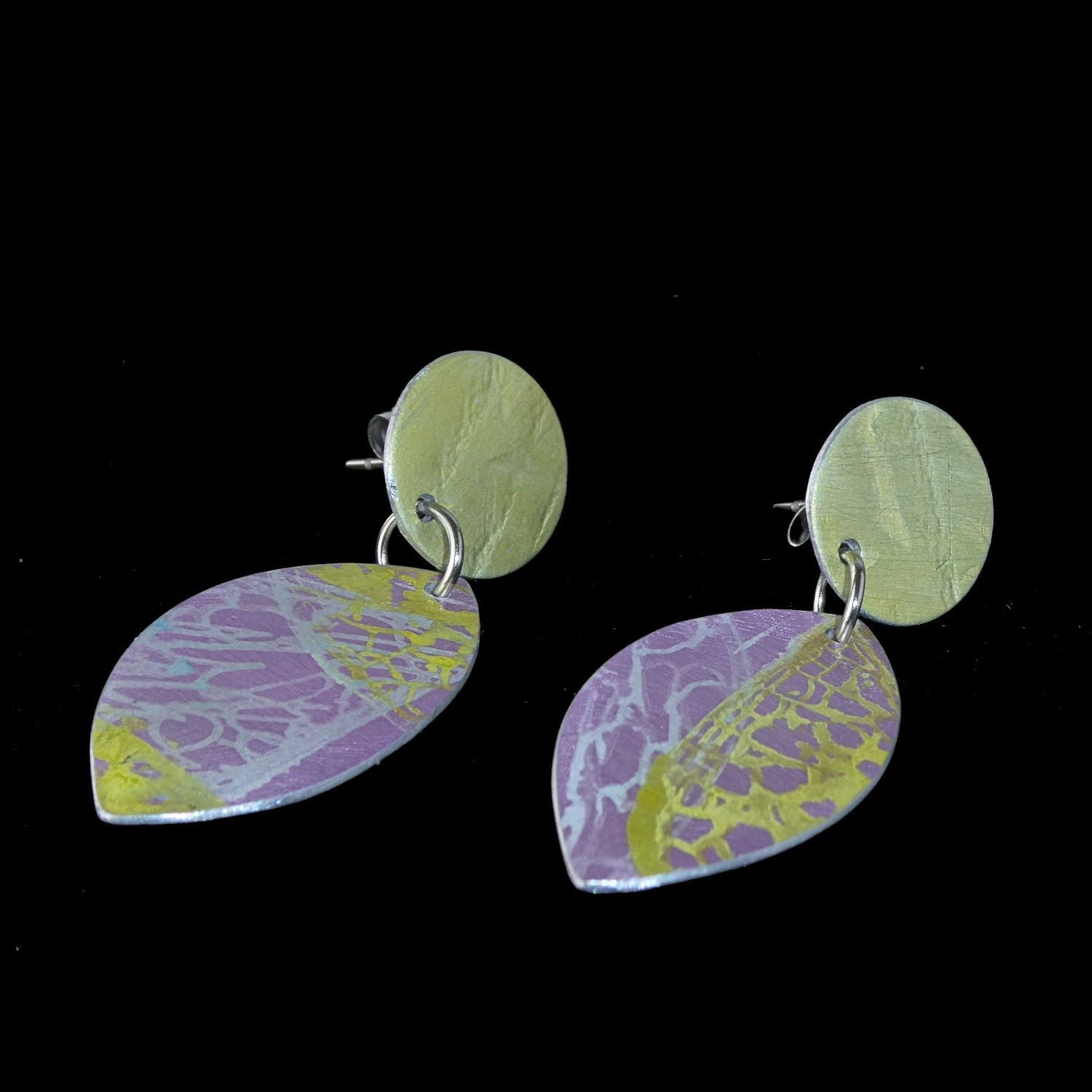 Anodised aluminium earrings hand printed Lemon Lace Collection