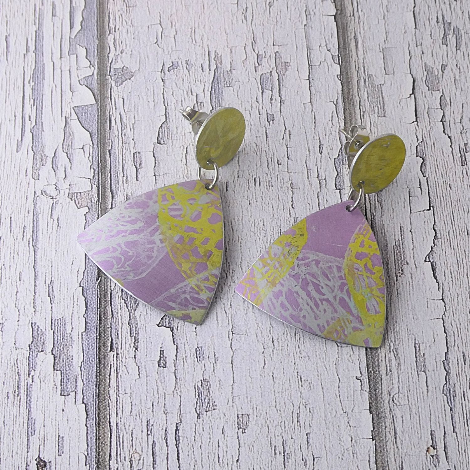 Anodised aluminium earrings hand printed Lemon Lace Collection
