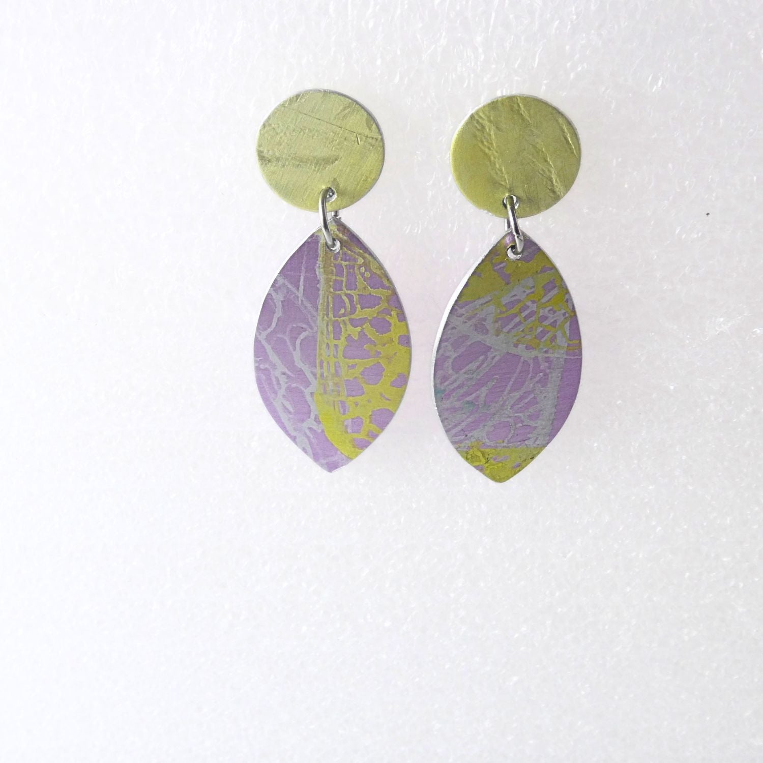 Anodised aluminium earrings hand printed Lemon Lace Collection