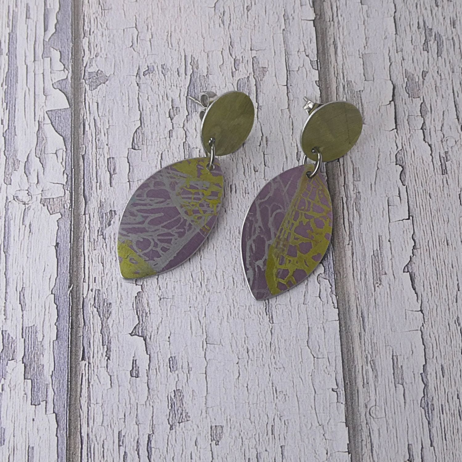 Anodised aluminium earrings hand printed Lemon Lace Collection