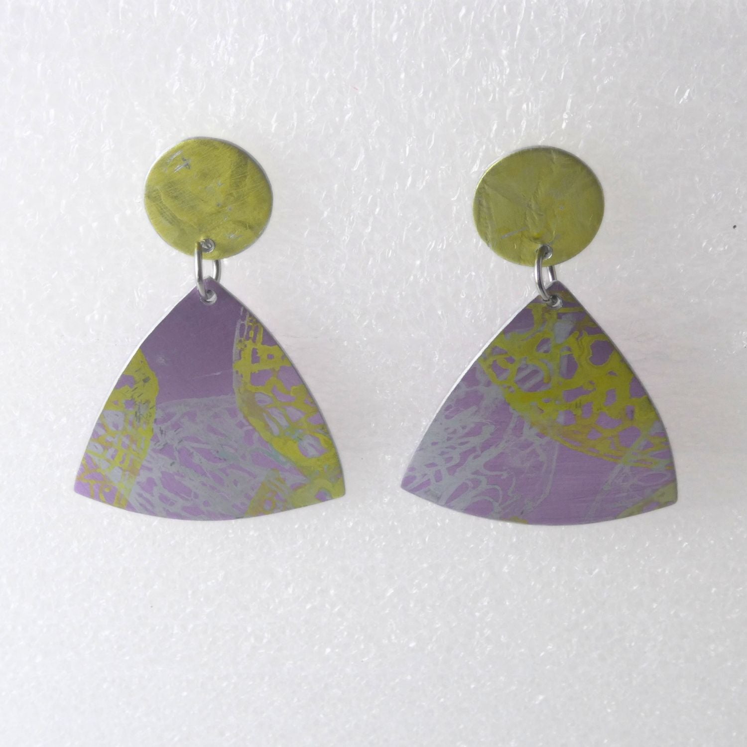 Anodised aluminium earrings hand printed Lemon Lace Collection