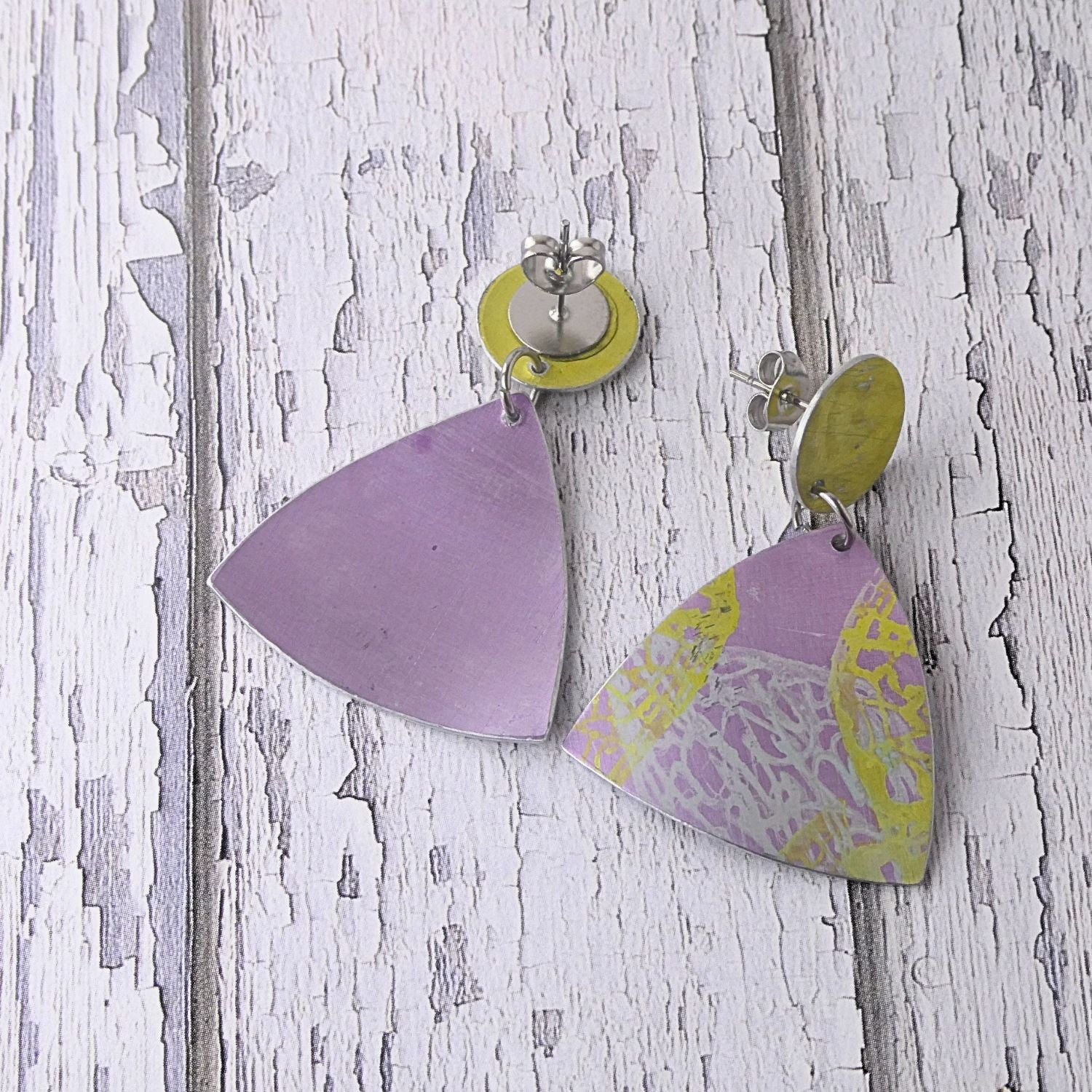 Anodised aluminium earrings hand printed Lemon Lace Collection