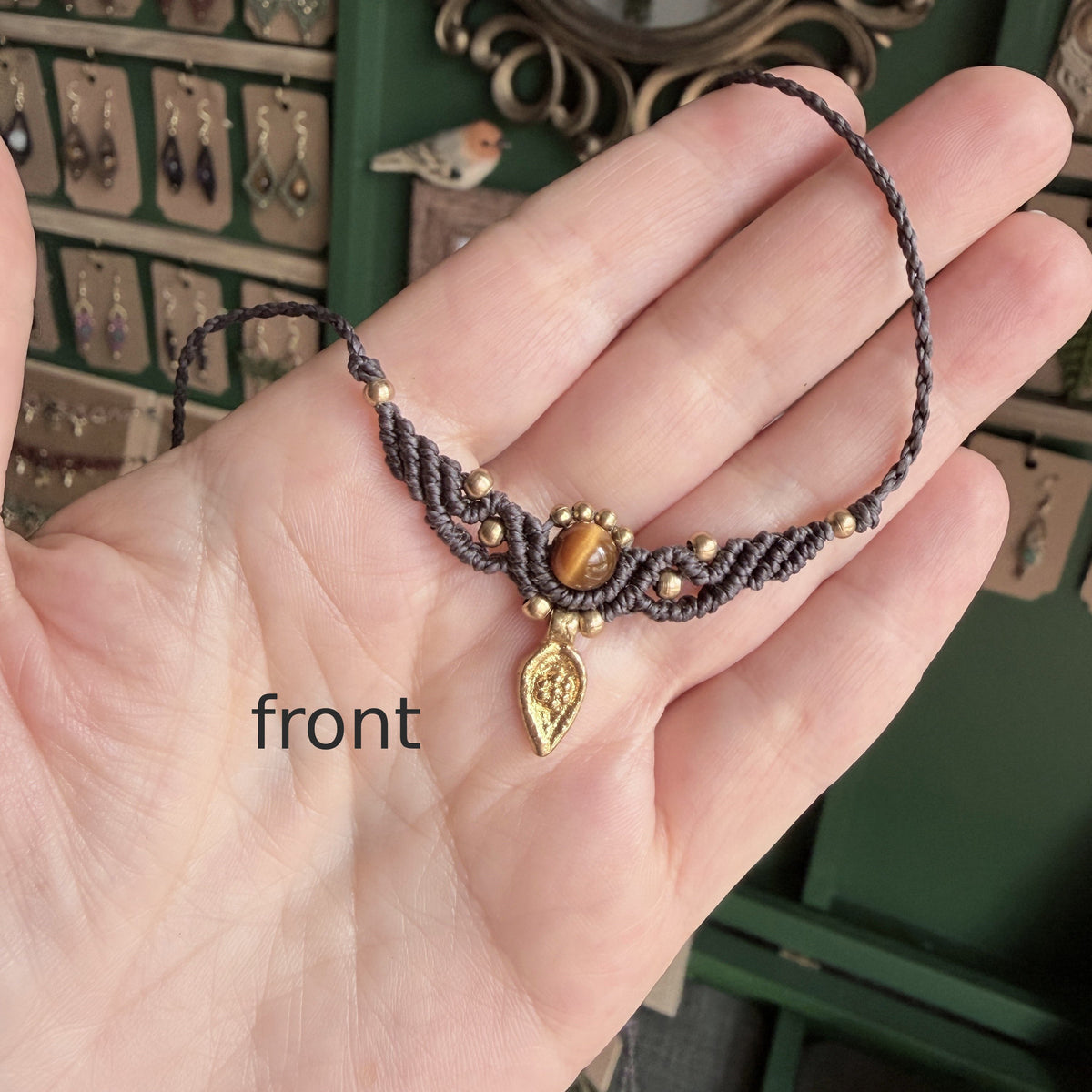 Macrame Collier with gemstone bead and brass charm - several choices