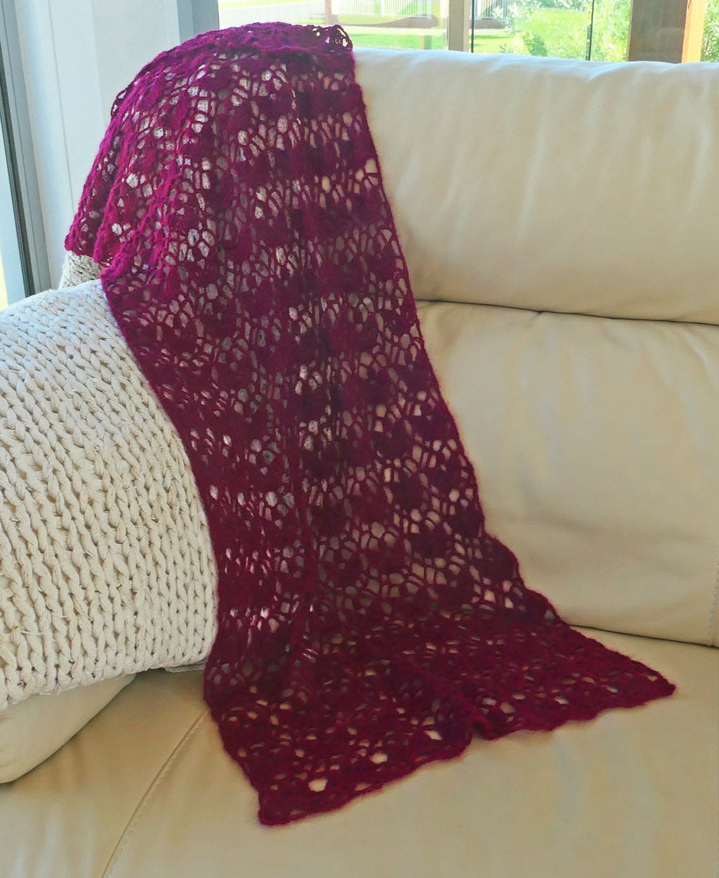 Scarf, crocheted, deep burgundy, wool, mohair.  Free shipping.