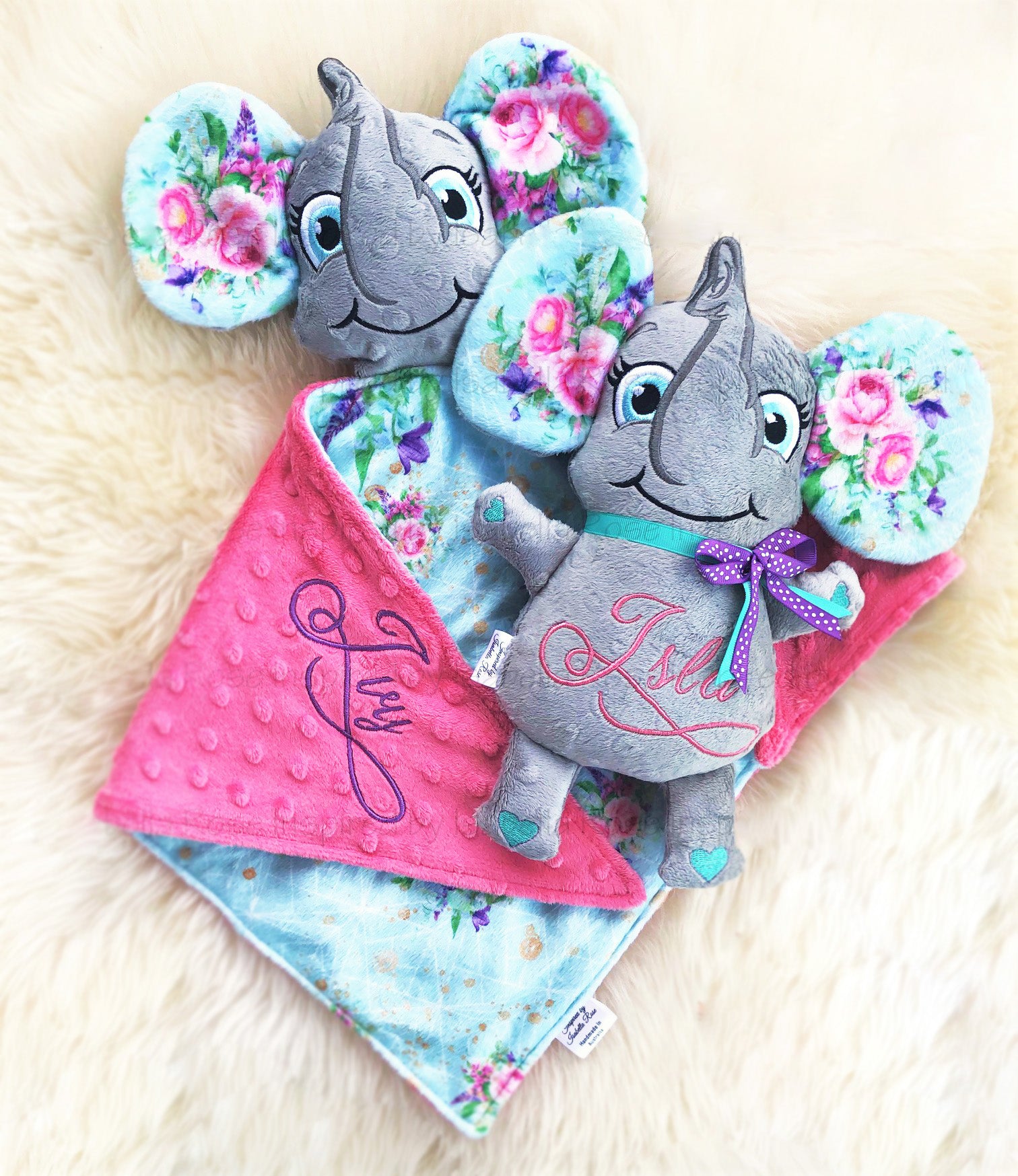 Baby comforter, Embroidered name, Elephant themed Ruggybud, Made to order