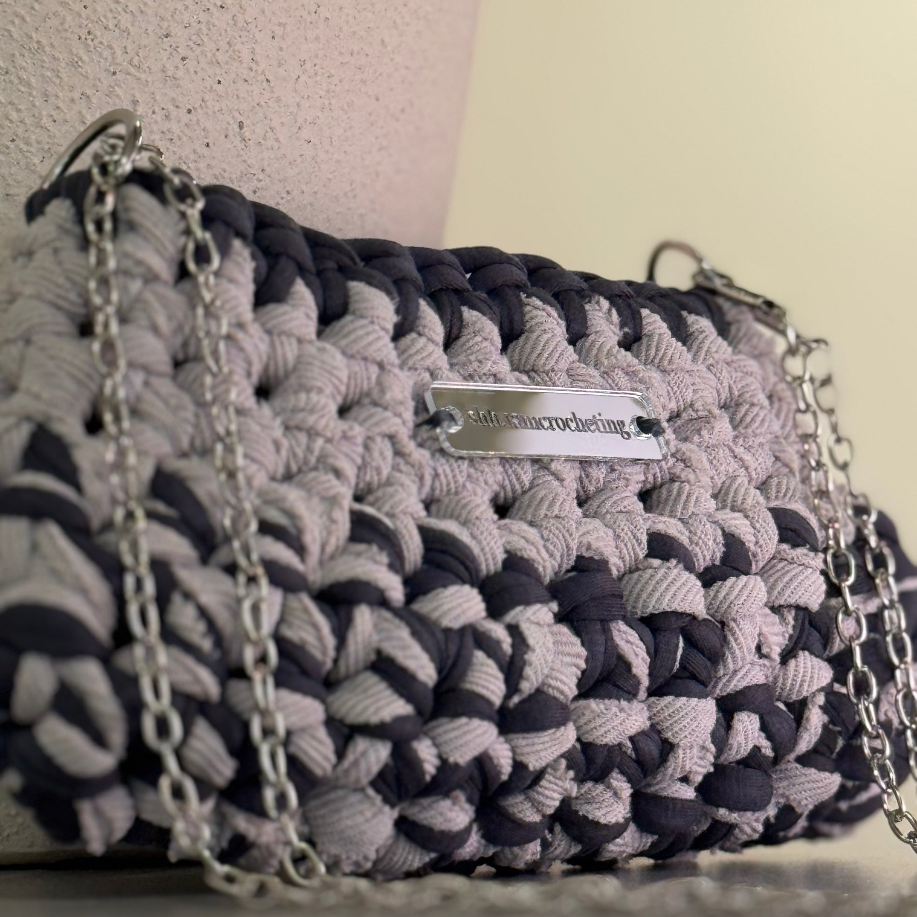 Mini Shoulder Bag | Handmade Crochet Accessary | Stone x Charcoal Cotton & Recycled T-shirt Yarn