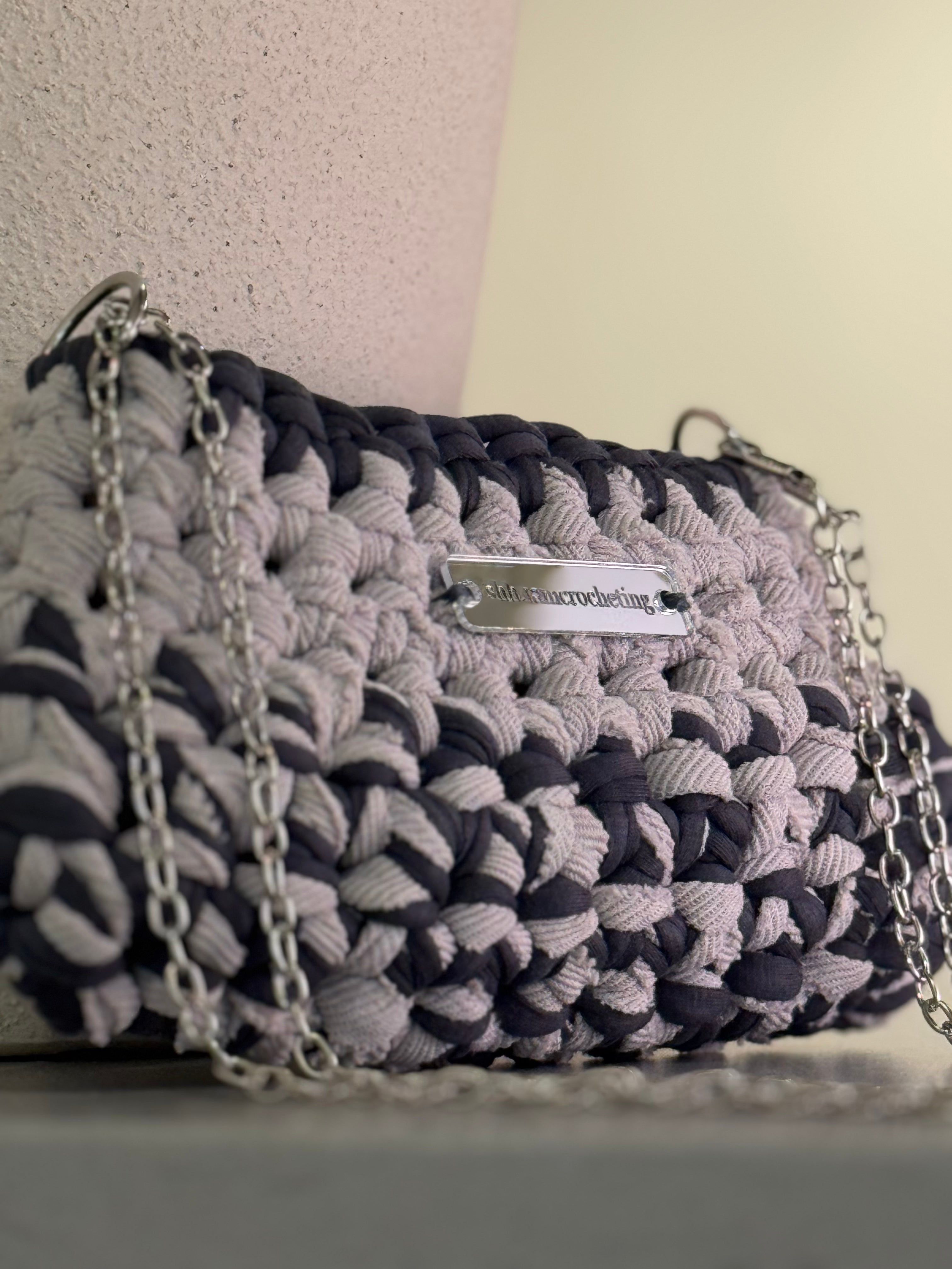 Mini Shoulder Bag | Handmade Crochet Accessary | Stone x Charcoal Cotton & Recycled T-shirt Yarn