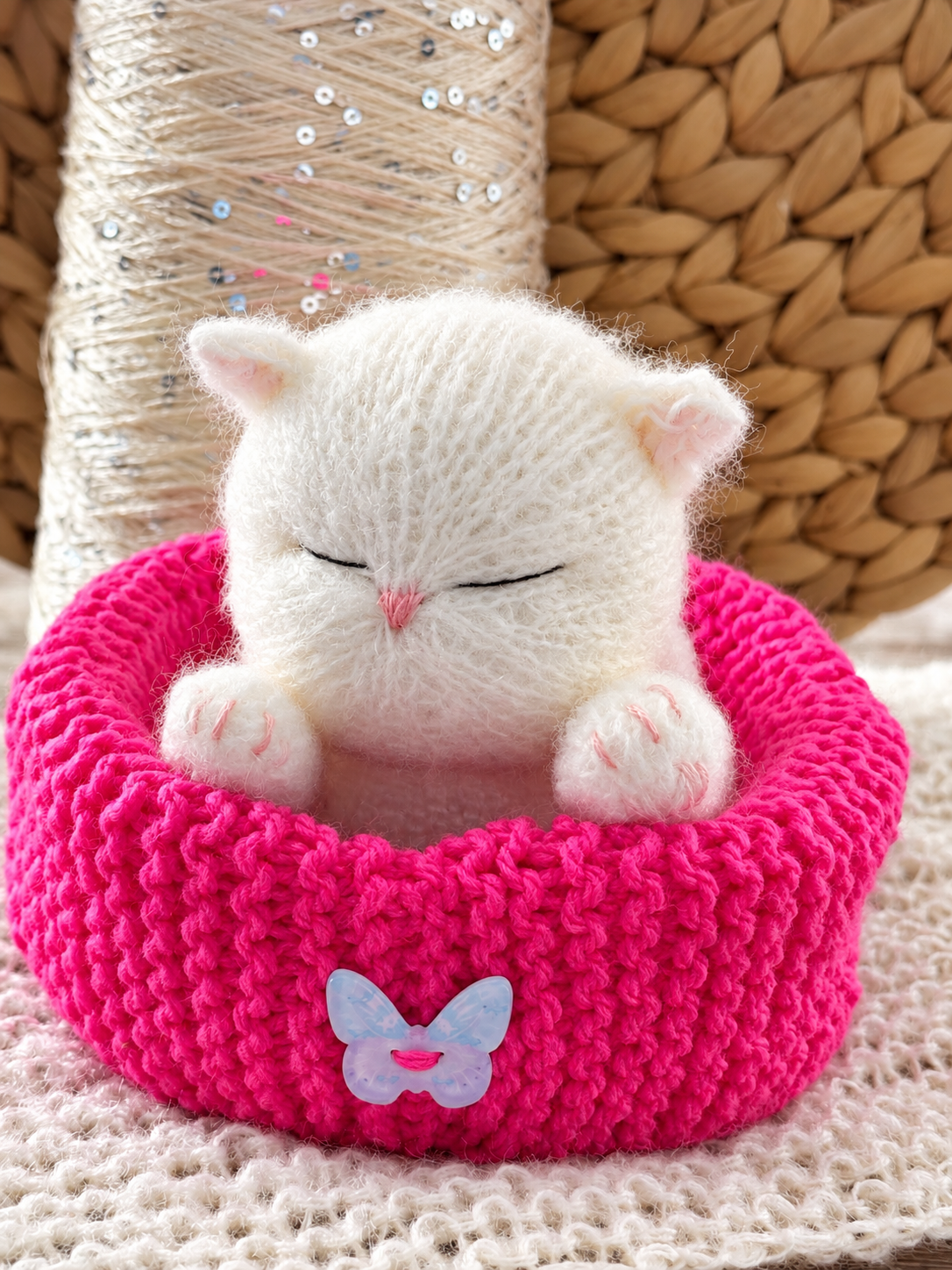 Handmade White Knitted Sleeping Kitty in Fuchsia Pink Basket Toy