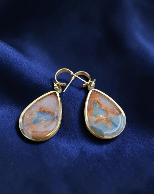 Teardrop Polymer Clay Earrings - Burnt Orange and Slate Blue