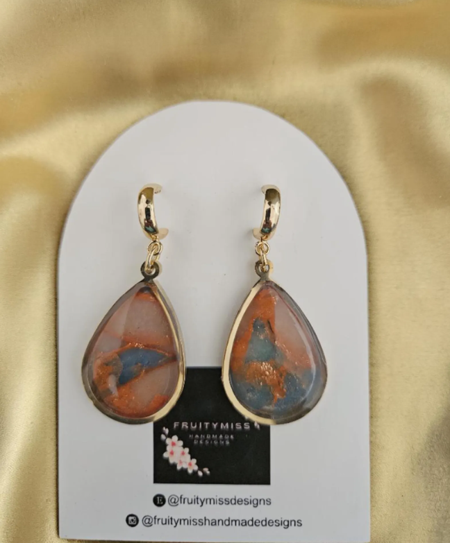 Teardrop Polymer Clay Earrings - Burnt Orange and Slate Blue