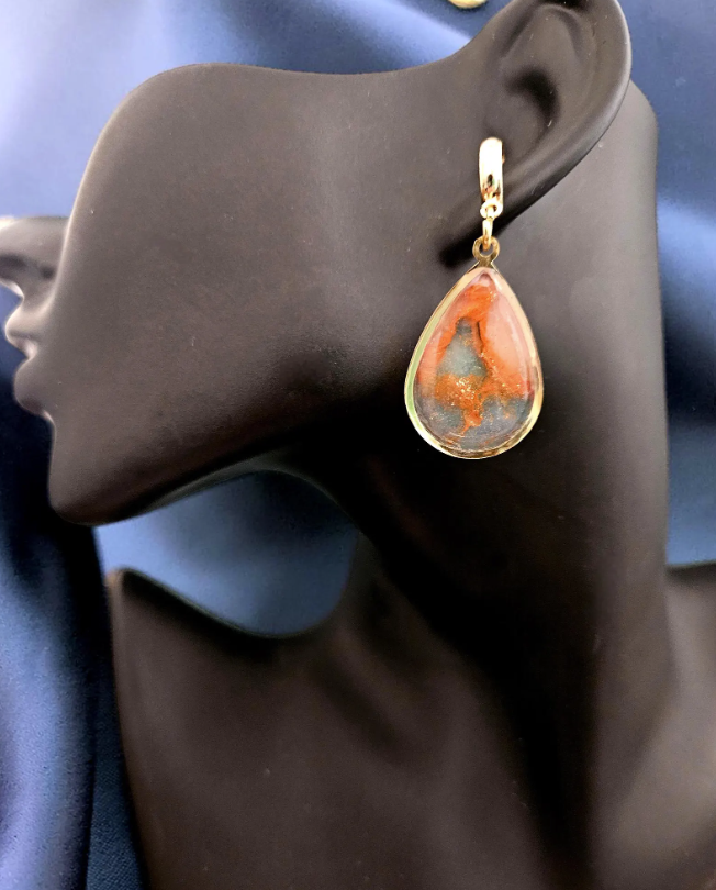 Teardrop Polymer Clay Earrings - Burnt Orange and Slate Blue