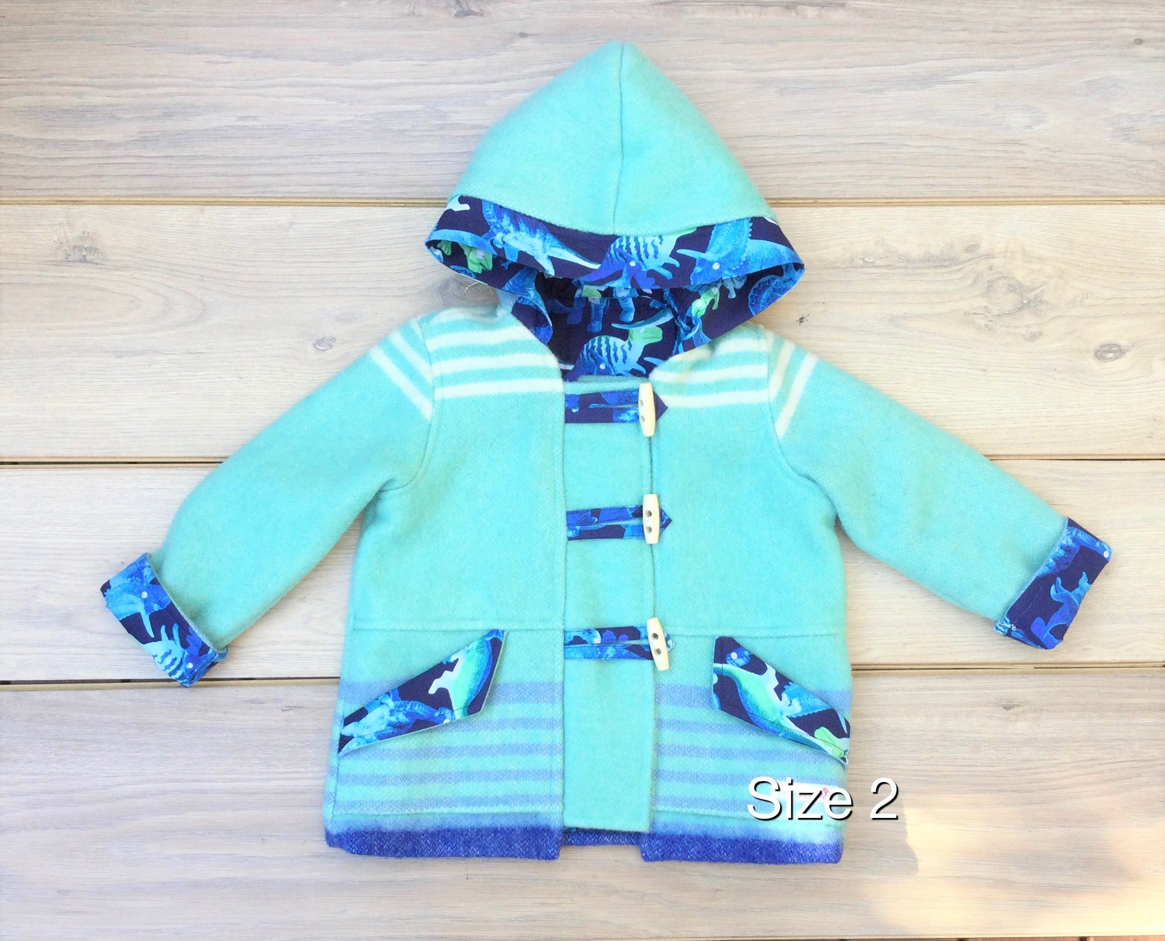 Dinosaur lined Upcycled Wool Blanket Duffle Coat