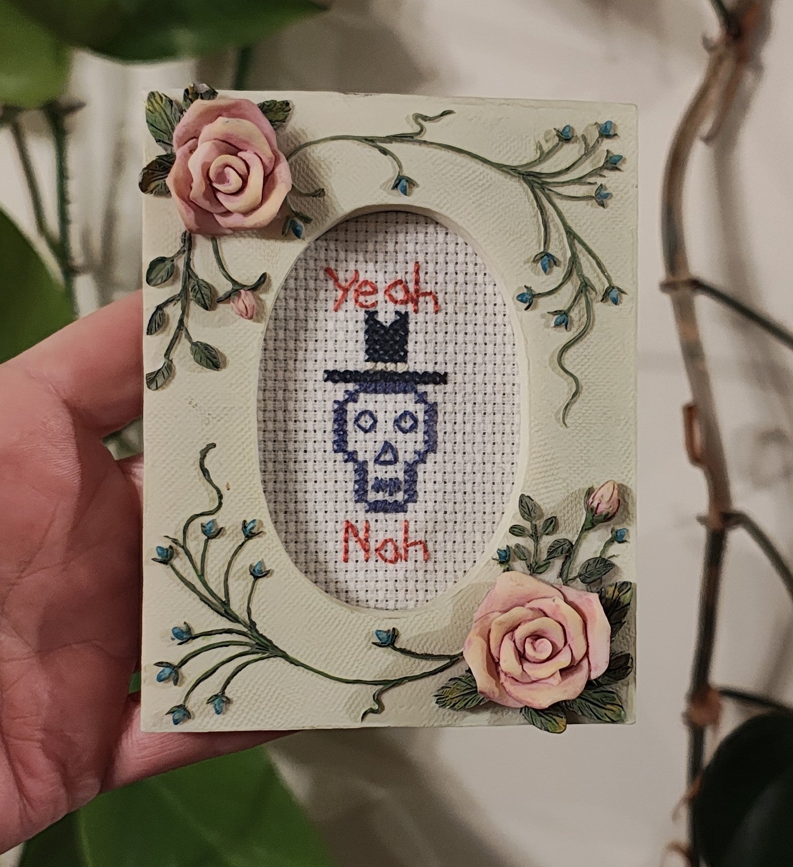 "Yeah, Nah" framed cross-stitch