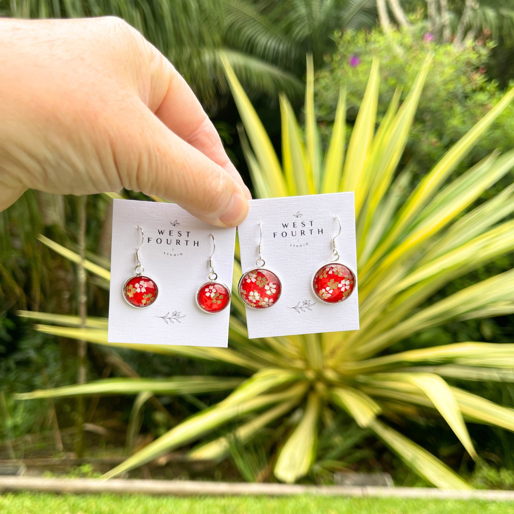 A Splash of Red Handmade Earrings • Floral Japanese Paper Glass Earrings