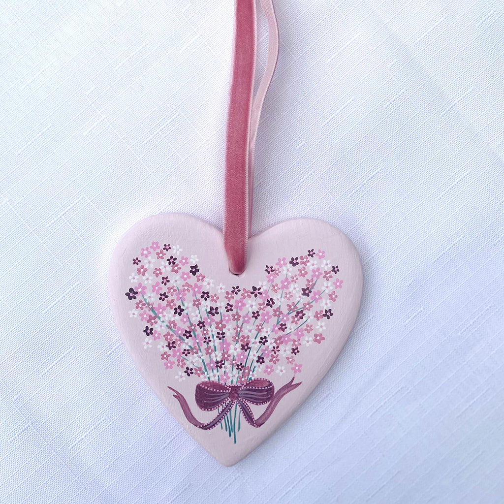 Hand-Painted Ceramic Heart Decoration - Pink Bouquet