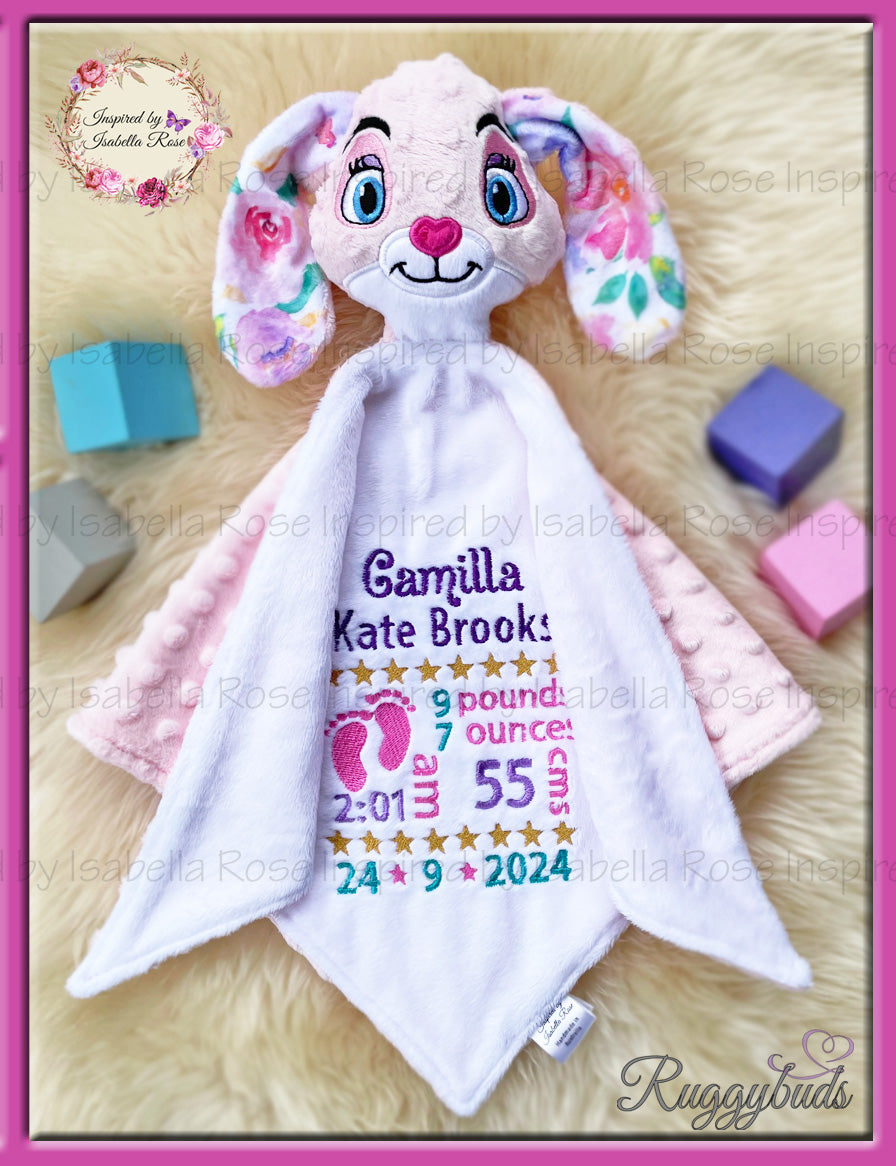Baby comforter, Embroidered name, Bunny themed Ruggybud, Made to order